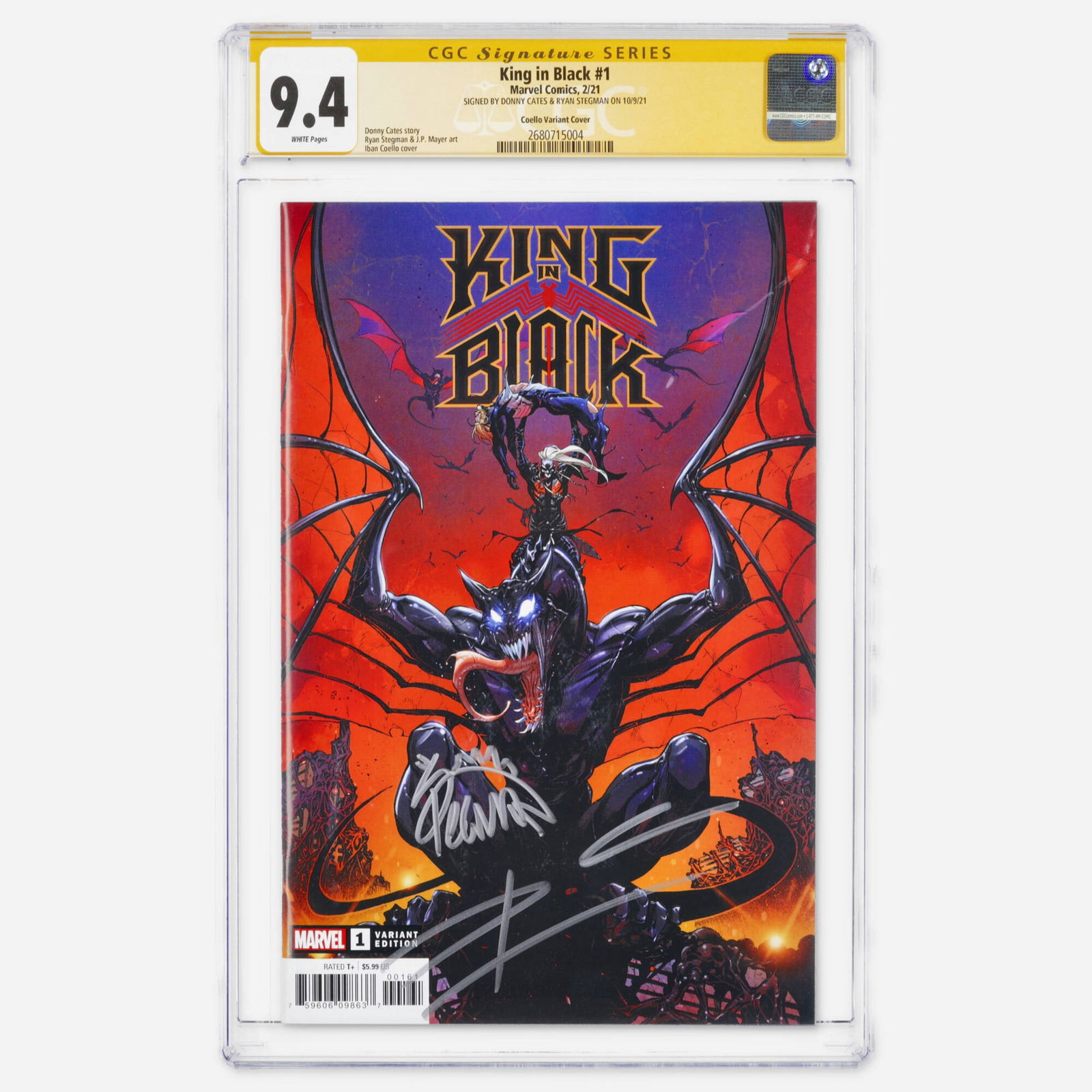Marvel Comics King in Black #1 CGC 9.4 Coello Variant Cover Signature Donny Cates Ryan Stegman: Marvel Comics King in Black #1 CGC 9.4 Coello Variant Cover Signature Series Donny Cates Ryan Stegman USA, 2021 This Modern Age symbiote event issue is signed by Donny Cates and Ryan Stegman. The