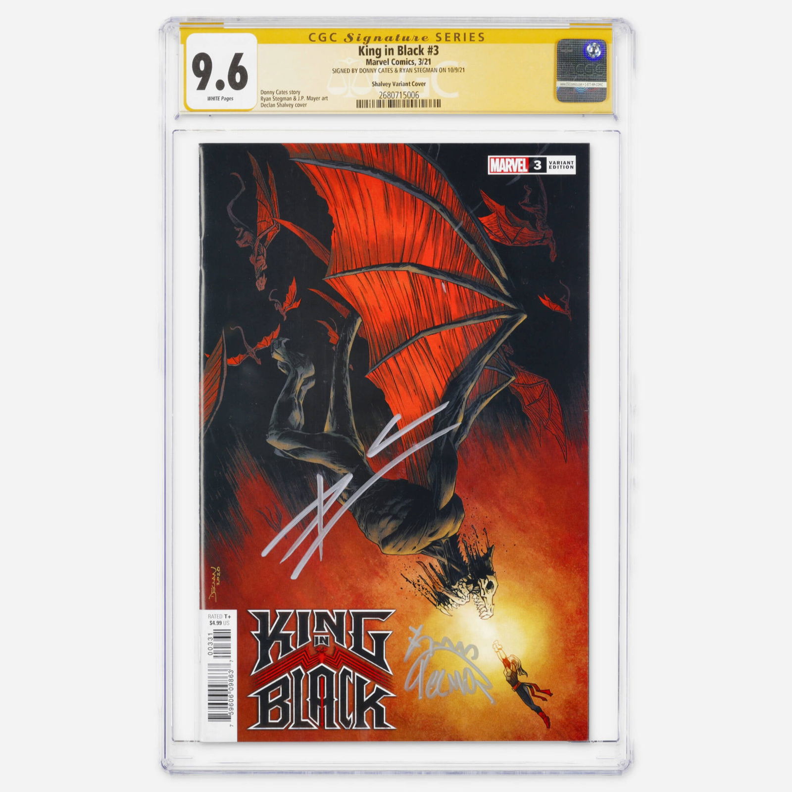 Marvel Comics King in Black #3 CGC 9.6 Shalvey Variant Cover Signature Donny Cates Ryan Stegman: Marvel Comics King in Black #3 CGC 9.6 Shalvey Variant Cover Signature Series Donny Cates Ryan Stegman USA, 2021 Part of the Modern Age Knull saga, this copy is signed by Donny Cates and Ryan Stegman.