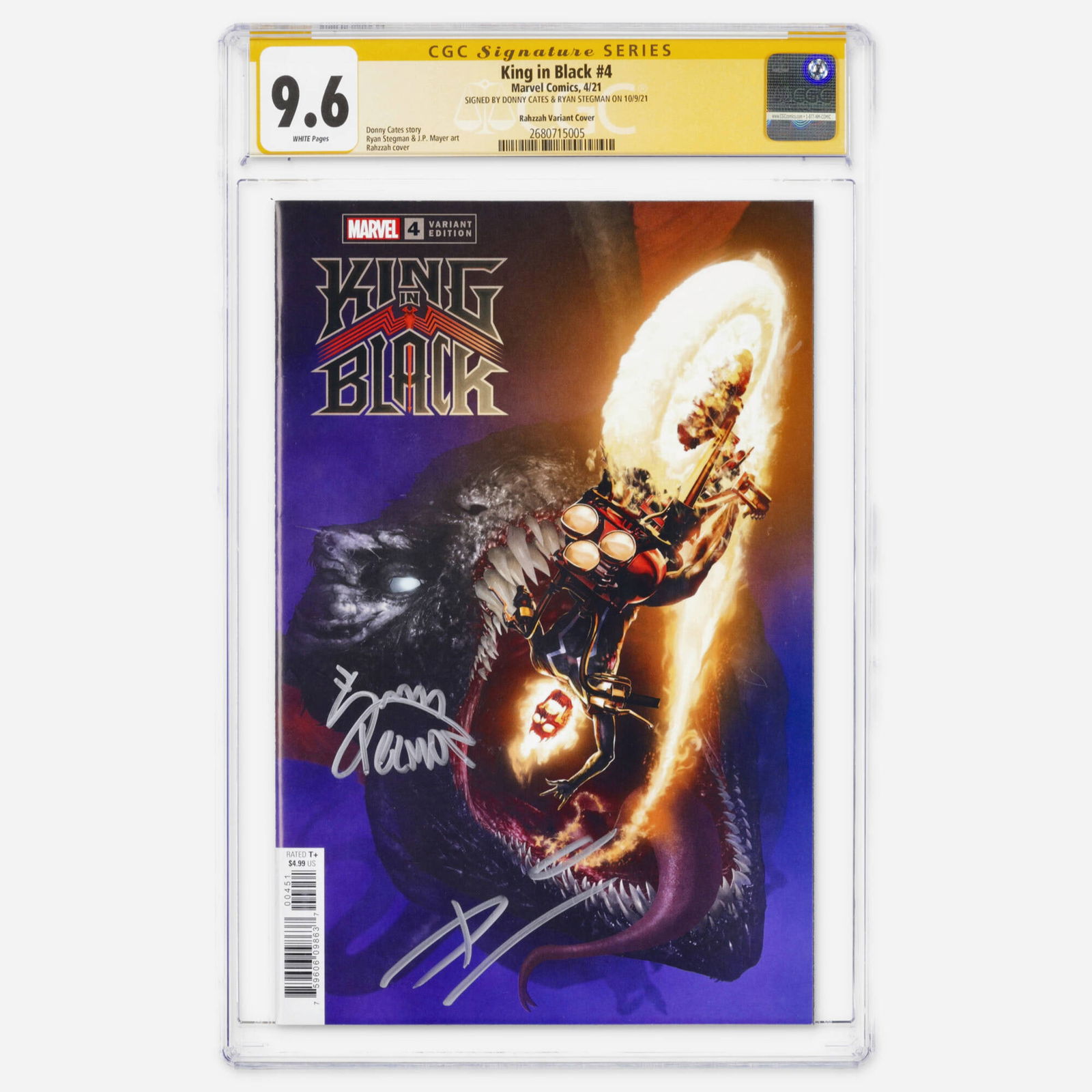 Marvel Comics King in Black #4 CGC 9.6 Rahzzah Variant Cover Signature Donny Cates Ryan Stegman: Marvel Comics King in Black #4 CGC 9.6 Rahzzah Variant Cover Signature Series Donny Cates Ryan Stegman USA, 2021 This Modern Age issue is signed by Donny Cates and Ryan Stegman and features a cover by