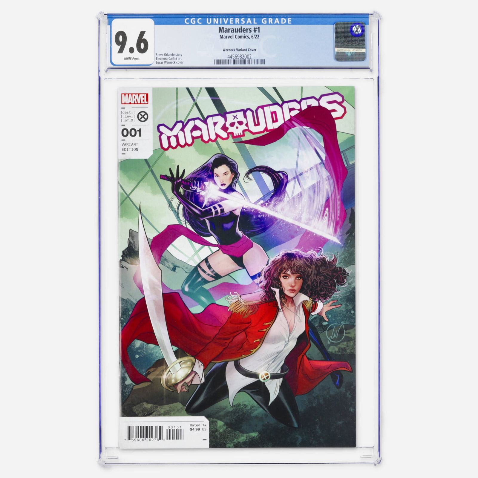 Marvel Comics Marauders #1 CGC 9.6 Werneck Variant Cover: Marvel Comics Marauders #1 CGC 9.6 Werneck Variant Cover USA, 2022 This Modern Age X-Men title features a story by Steve Orlando and art by Eleonora Carlini. The cover is a variant by artist Lucas Wer