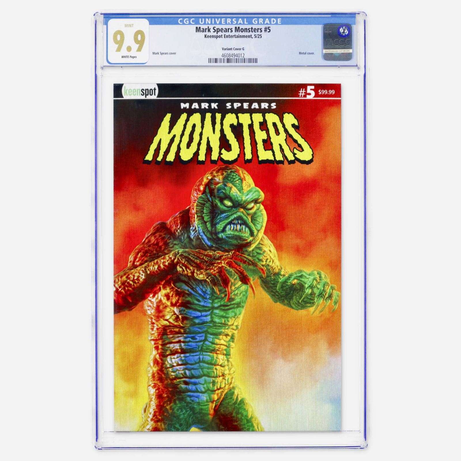 Keenspot Entertainment Mark Spears Monsters #5 CGC 9.9 Variant Cover G: Keenspot Entertainment Mark Spears Monsters #5 CGC 9.9 Variant Cover G USA, 2025 A nearly perfect Modern Age issue featuring a metal cover by Mark Spears. This copy represents a significant find, achi