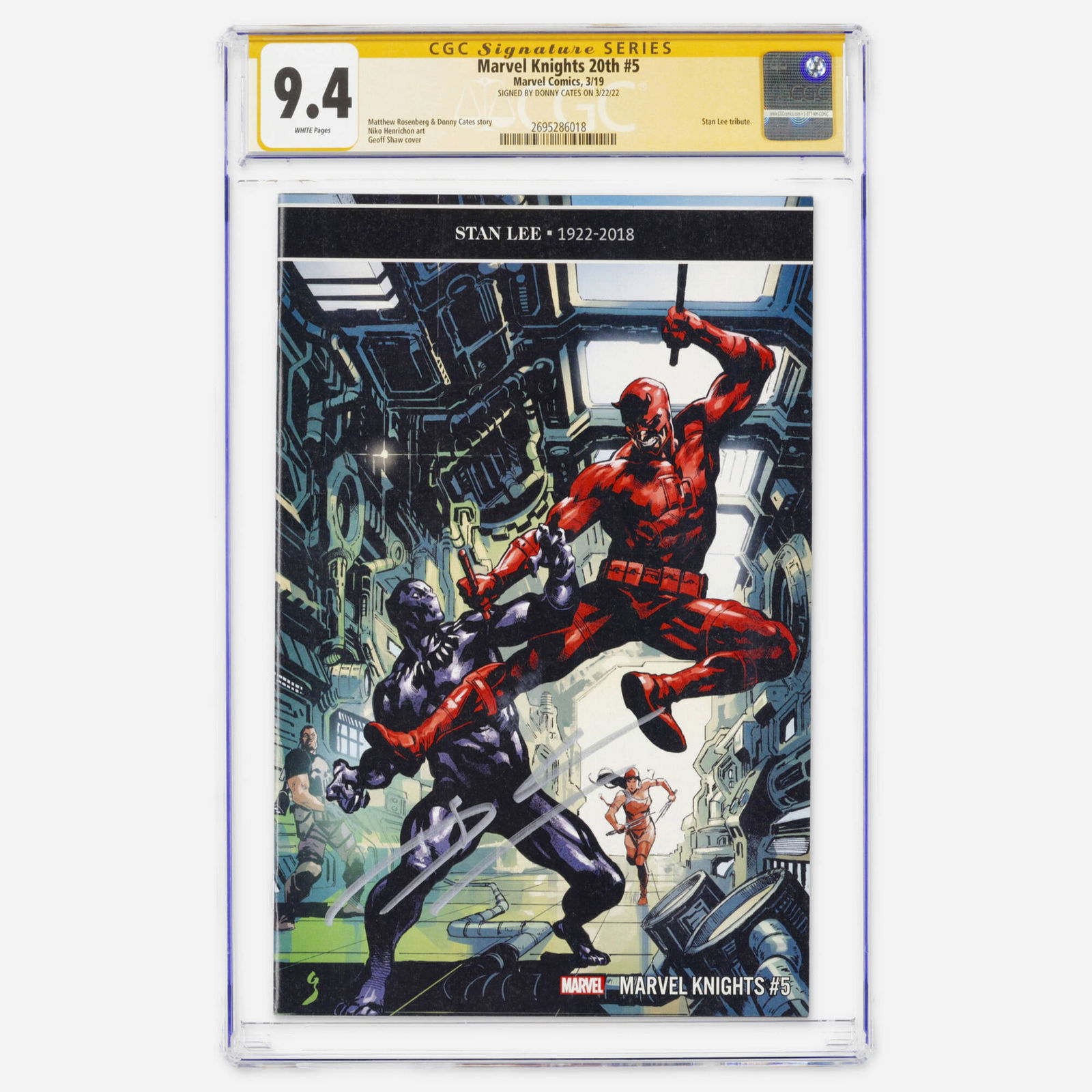 Marvel Comics Marvel Knights 20th #5 CGC 9.4 Signature Series Donny Cates: Marvel Comics Marvel Knights 20th #5 CGC 9.4 Signature Series Donny Cates USA, 2019 This Modern Age issue serves as a Stan Lee tribute and is signed by Donny Cates. The story is a collaboration betwee