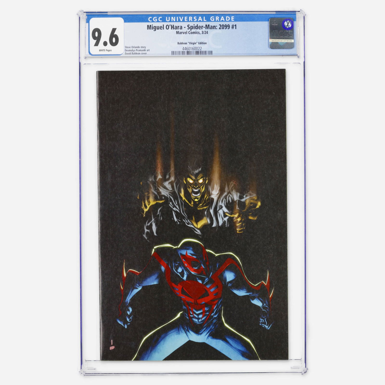 Marvel Comics Miguel O'Hara - Spider-Man: 2099 #1 CGC 9.6 Baldeon Virgin Edition: Marvel Comics Miguel O'Hara - Spider-Man: 2099 #1 CGC 9.6 Baldeon Virgin Edition USA, 2024 A Modern Age revival of the 2099 hero with a David Baldeon Virgin cover. The story is written by Steve Orland