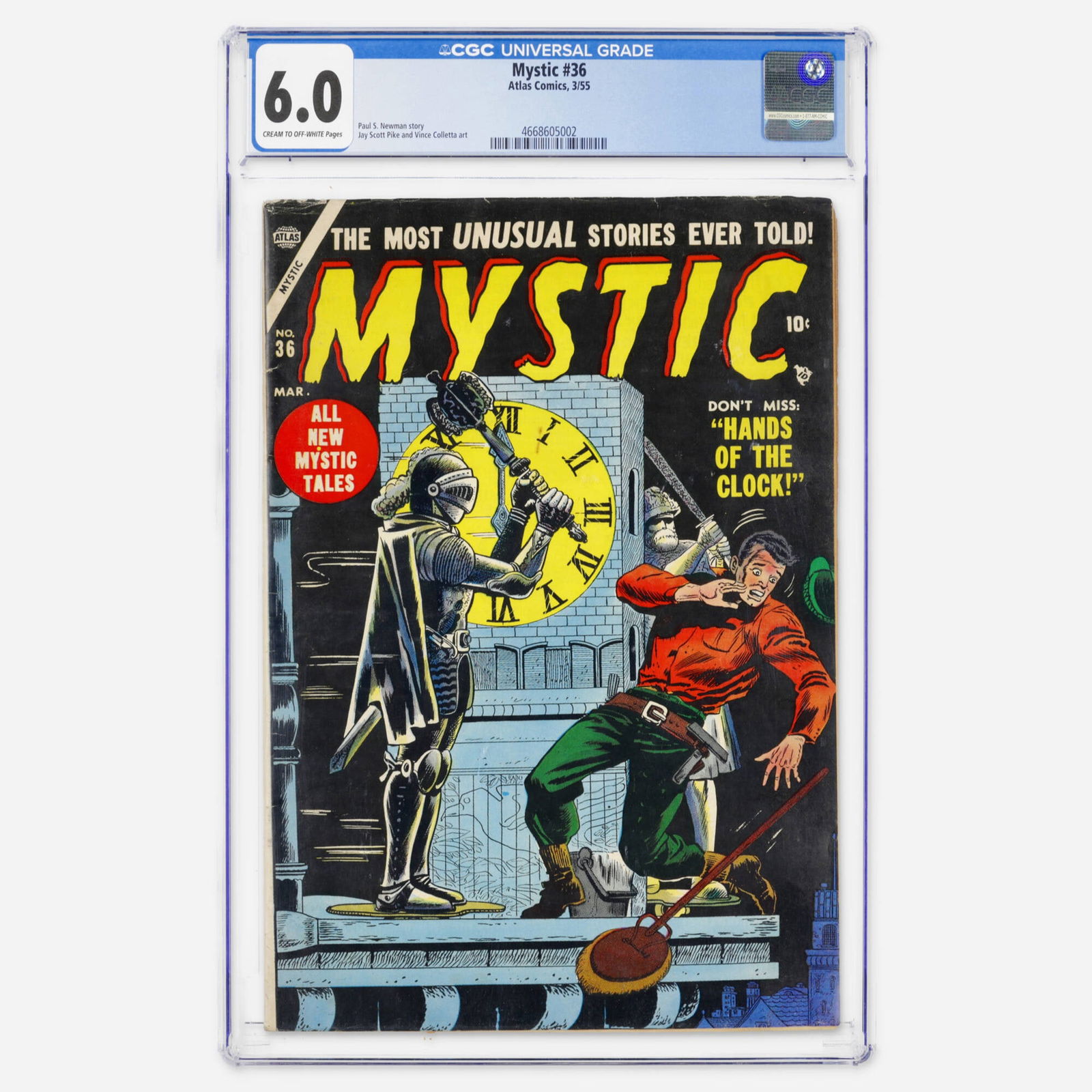 Atlas Comics Mystic #36 CGC 6.0: Atlas Comics Mystic #36 CGC 6.0 USA, 1955 This Golden Age horror title from Atlas features a story by Paul S. Newman. Interior art is provided by Jay Scott Pike and Vince Colletta. CGC#: 4668605002