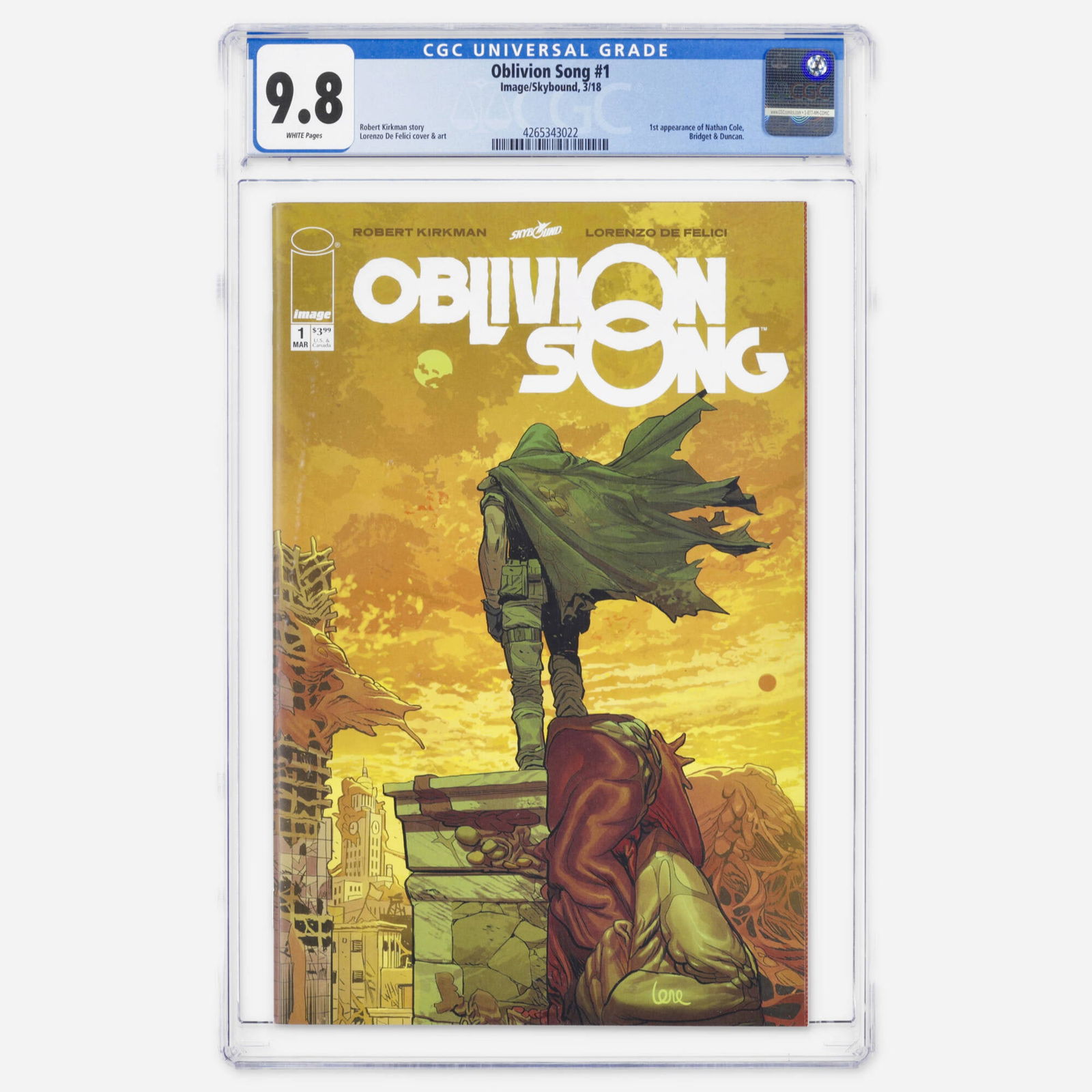 Image/Skybound Oblivion Song #1 CGC 9.8: Image/Skybound Oblivion Song #1 CGC 9.8 USA, 2018 Written by Robert Kirkman, this Modern Age key features the first appearance of Nathan Cole, Bridget and Duncan. This copy represents a significant fi