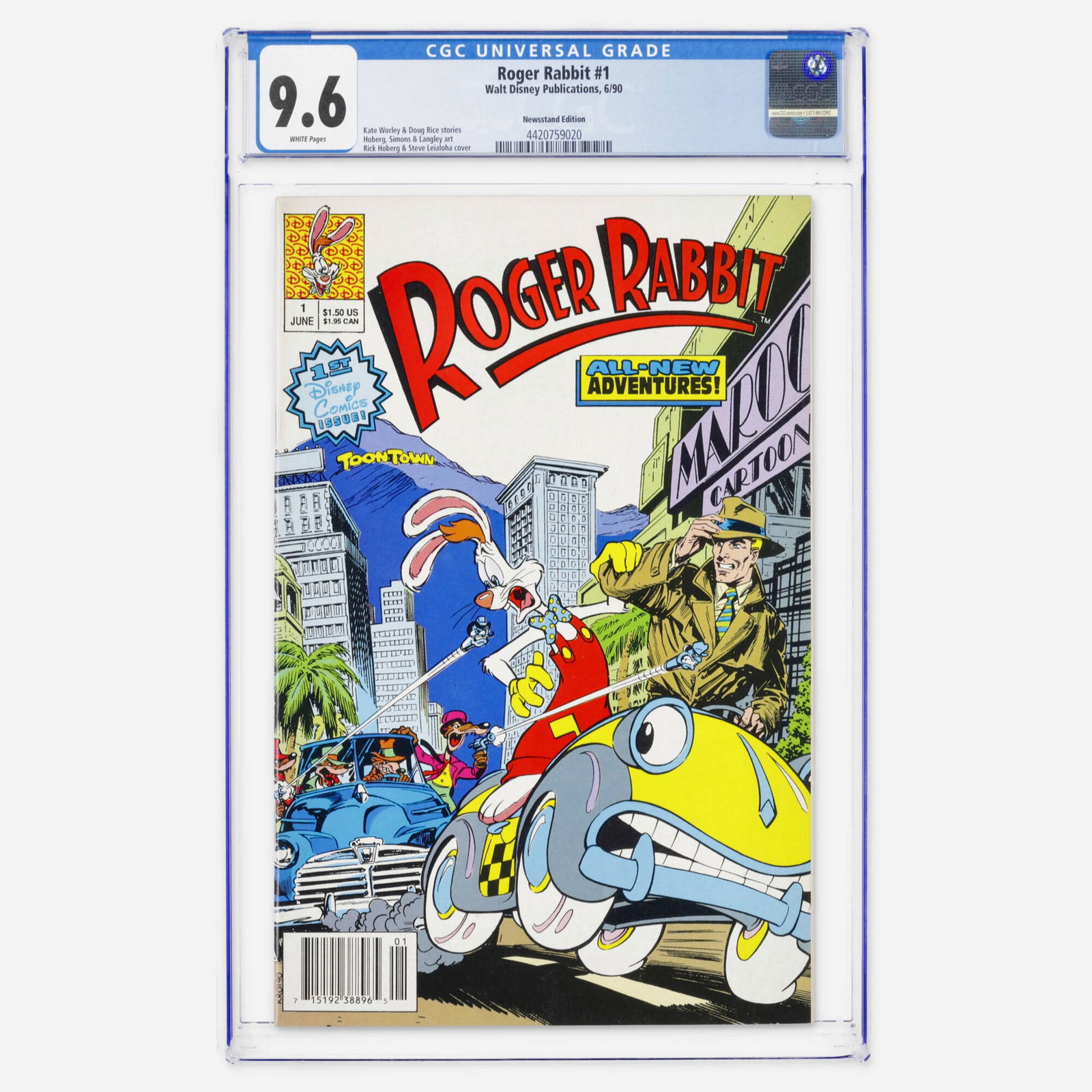 Walt Disney Publications Roger Rabbit #1 CGC 9.6 Newsstand: Walt Disney Publications Roger Rabbit #1 CGC 9.6 Newsstand USA, 1990 This Modern Age newsstand edition features stories by Kate Worley and Doug Rice. The cover art is provided by Rick Hoberg and Steve