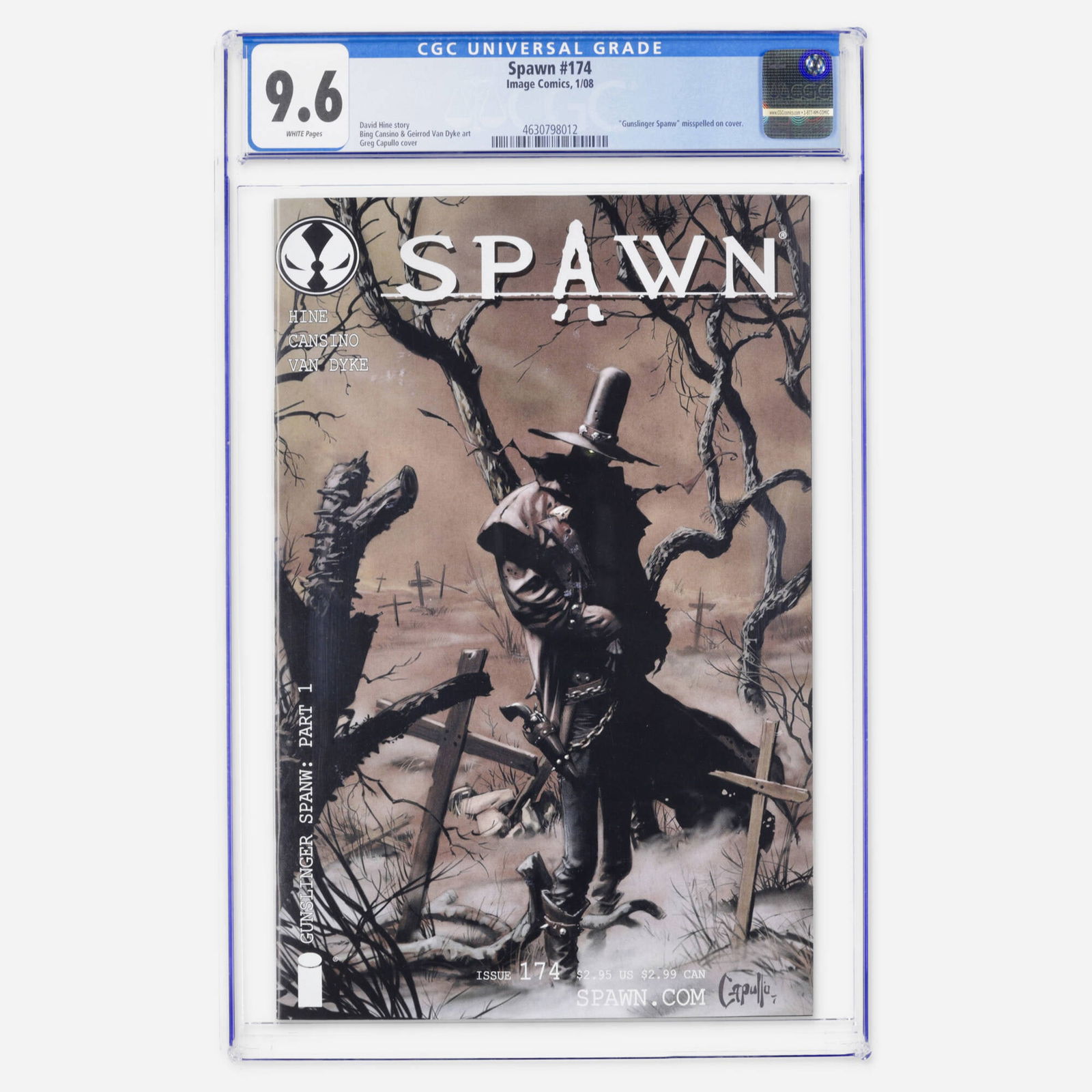 Image Comics Spawn #174 CGC 9.6: Image Comics Spawn #174 CGC 9.6 USA, 2008 This Modern Age issue is known for the Gunslinger Spanw misspelling on the cover. It features a Greg Capullo cover and story by David Hine. CGC#: