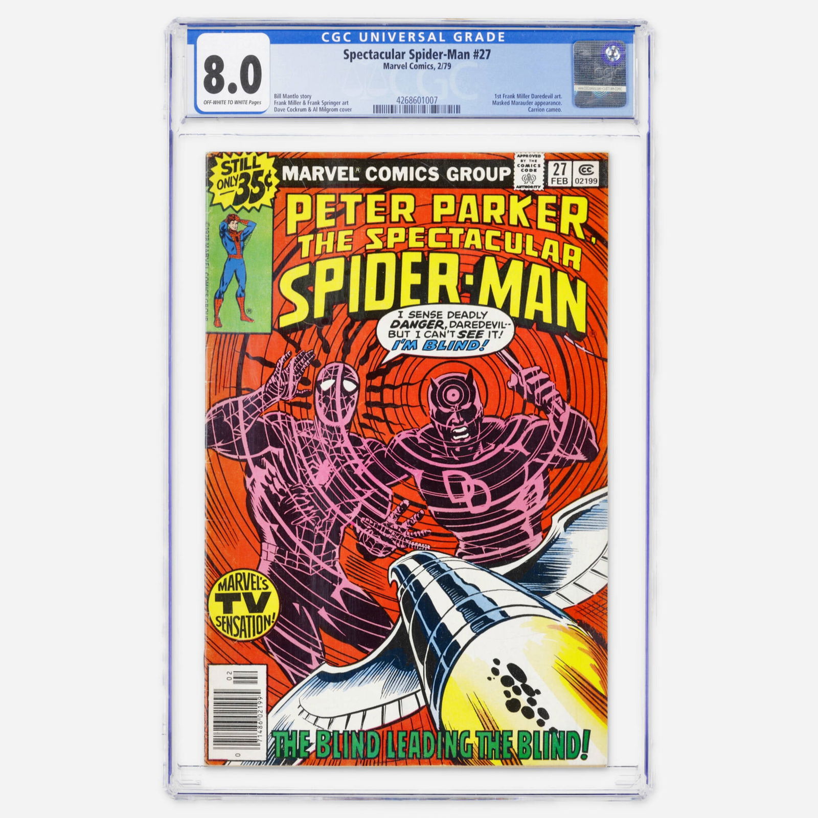 Marvel Comics Spectacular Spider-Man #27 CGC 8.0: Marvel Comics Spectacular Spider-Man #27 CGC 8.0 USA, 1979 A historic Bronze Age key featuring the first Frank Miller Daredevil art. Written by Bill Mantlo, this issue also includes a Masked