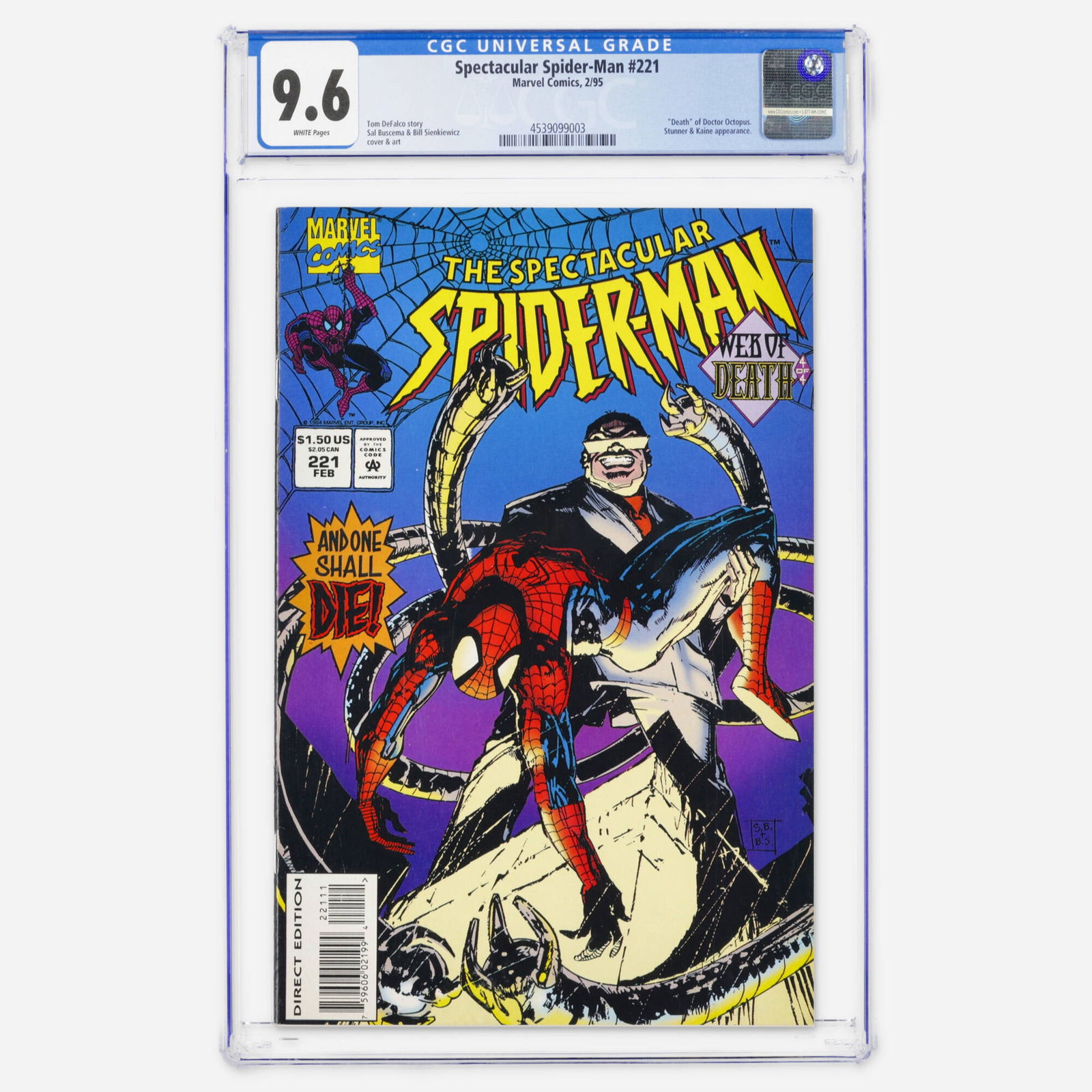 Marvel Comics Spectacular Spider-Man #221 CGC 9.6: Marvel Comics Spectacular Spider-Man #221 CGC 9.6 USA, 1995 This Modern Age issue features the death of Doctor Octopus and appearances by Stunner and Kaine. The story is by Tom DeFalco with art by