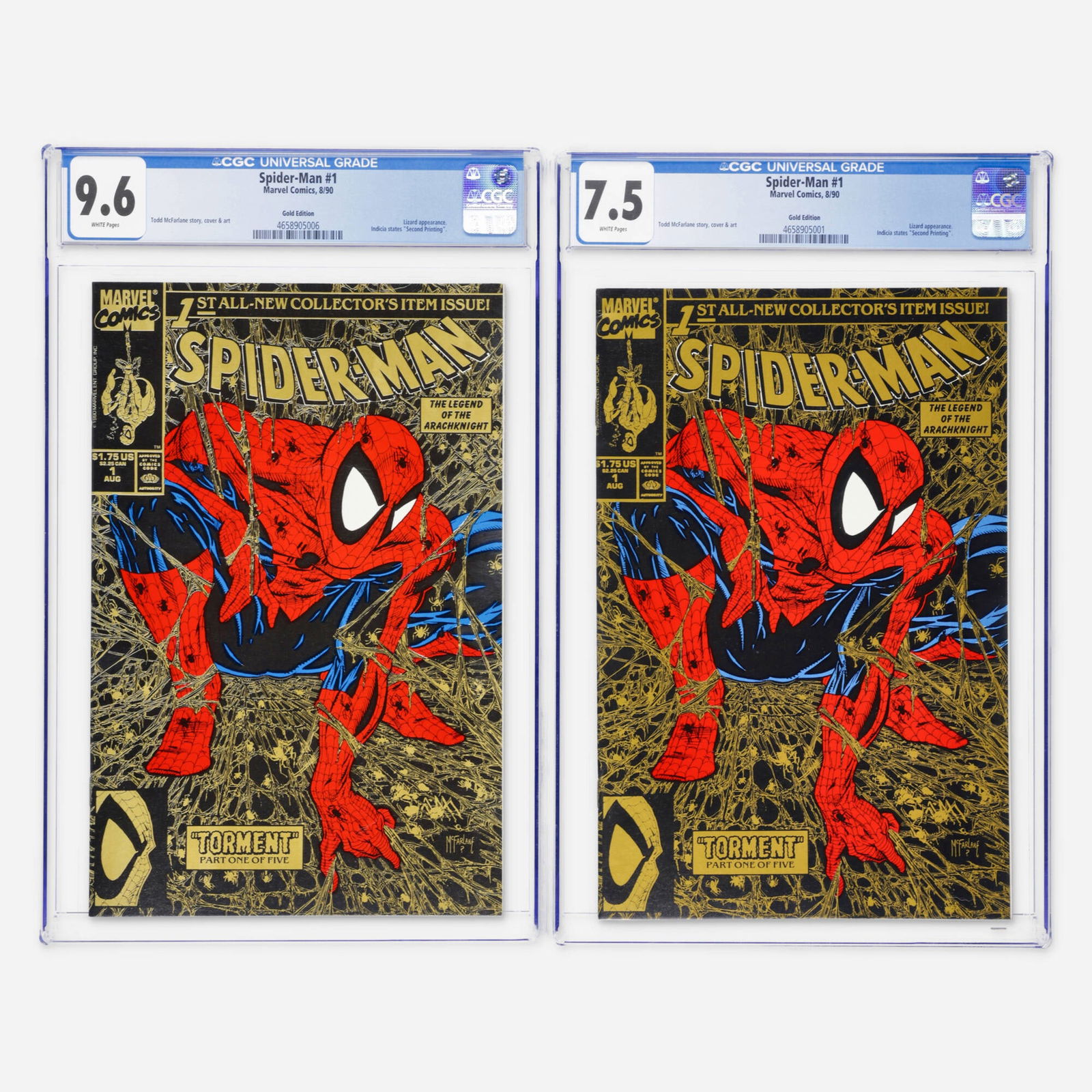 2 Marvel Comics Spider-Man #1 Gold Edition CGC Group: 2 Marvel Comics Spider-Man #1 Gold Edition CGC Group USA, 1990 Marvel Comics Spider-Man #1 CGC 9.6 Gold Edition (8/90) CGC#: 4658905006Population: 1,486 in 9.6; 3,512