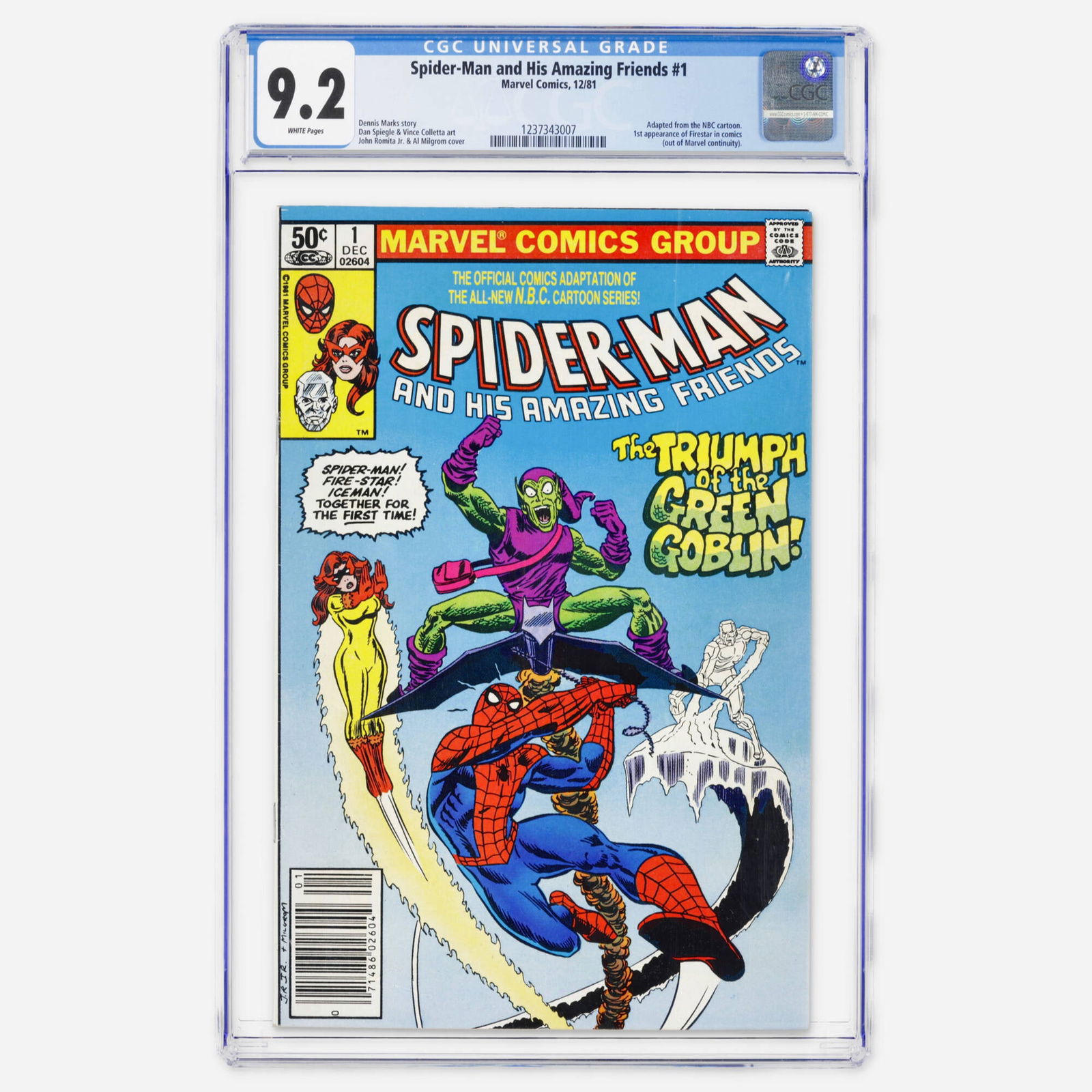 Marvel Comics Spider-Man and His Amazing Friends #1 CGC 9.2: Marvel Comics Spider-Man and His Amazing Friends #1 CGC 9.2 USA, 1981 A Bronze Age newsstand adaptation of the NBC cartoon featuring the first appearance of Firestar in comics. The book features