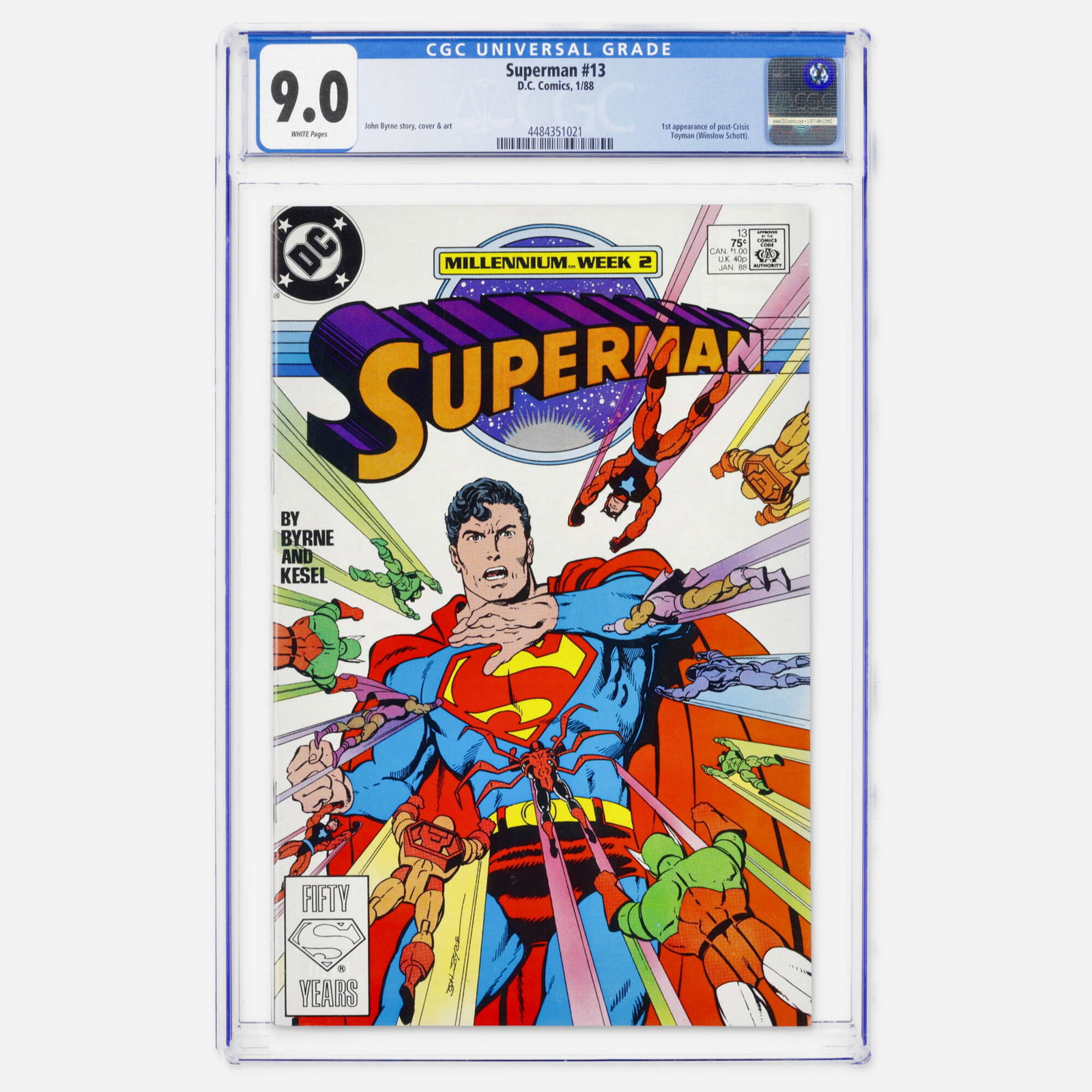 DC Comics Superman #13 CGC 9.0: DC Comics Superman #13 CGC 9.0 USA, 1988 This Modern Age issue introduces the first appearance of post-Crisis Toyman (Winslow Schott). It is entirely written, illustrated, and covered by John Byrne. C