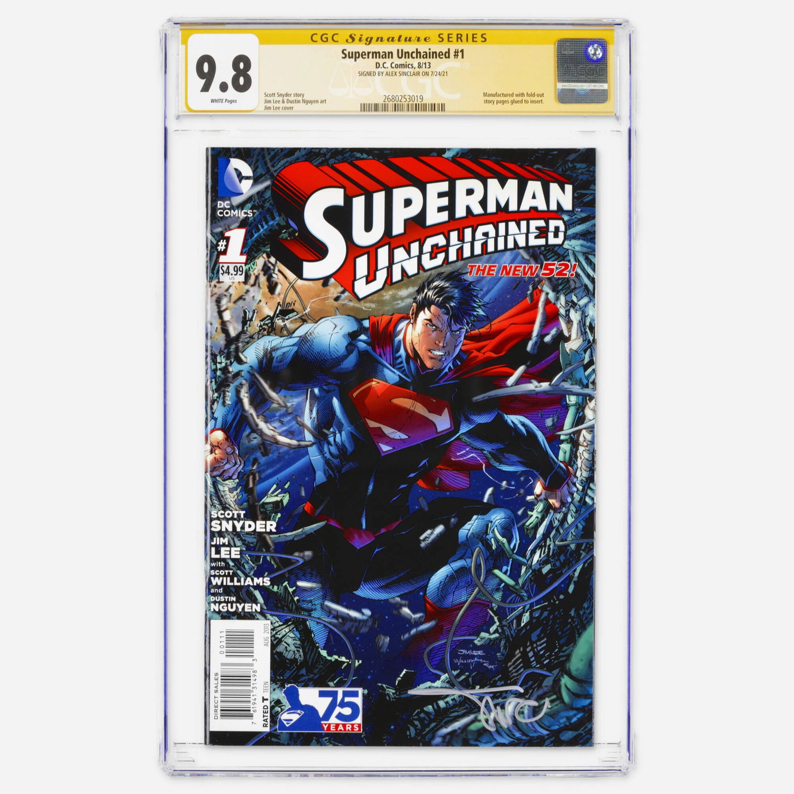 DC Comics Superman Unchained #1 CGC 9.8 Signature Series Alex Sinclair: DC Comics Superman Unchained #1 CGC 9.8 Signature Series Alex Sinclair USA, 2013 This Modern Age blockbuster by Scott Snyder and Jim Lee is signed by Alex Sinclair. This copy represents a significant