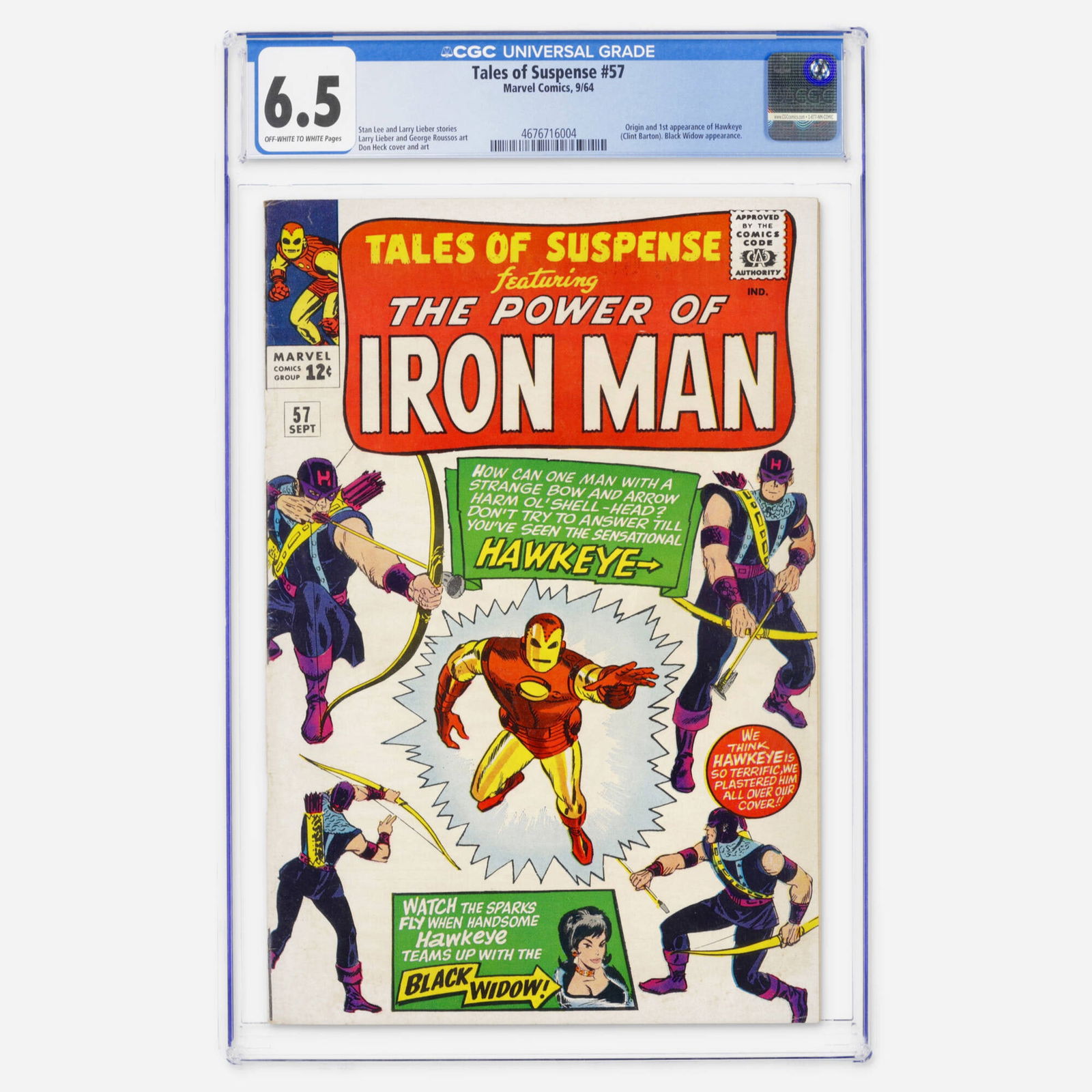 Marvel Comics Tales of Suspense #57 CGC 6.5: Marvel Comics Tales of Suspense #57 CGC 6.5 USA, 1964 An essential Silver Age key featuring the origin and first appearance of Hawkeye (Clint Barton) and a Black Widow appearance. It is written by Sta