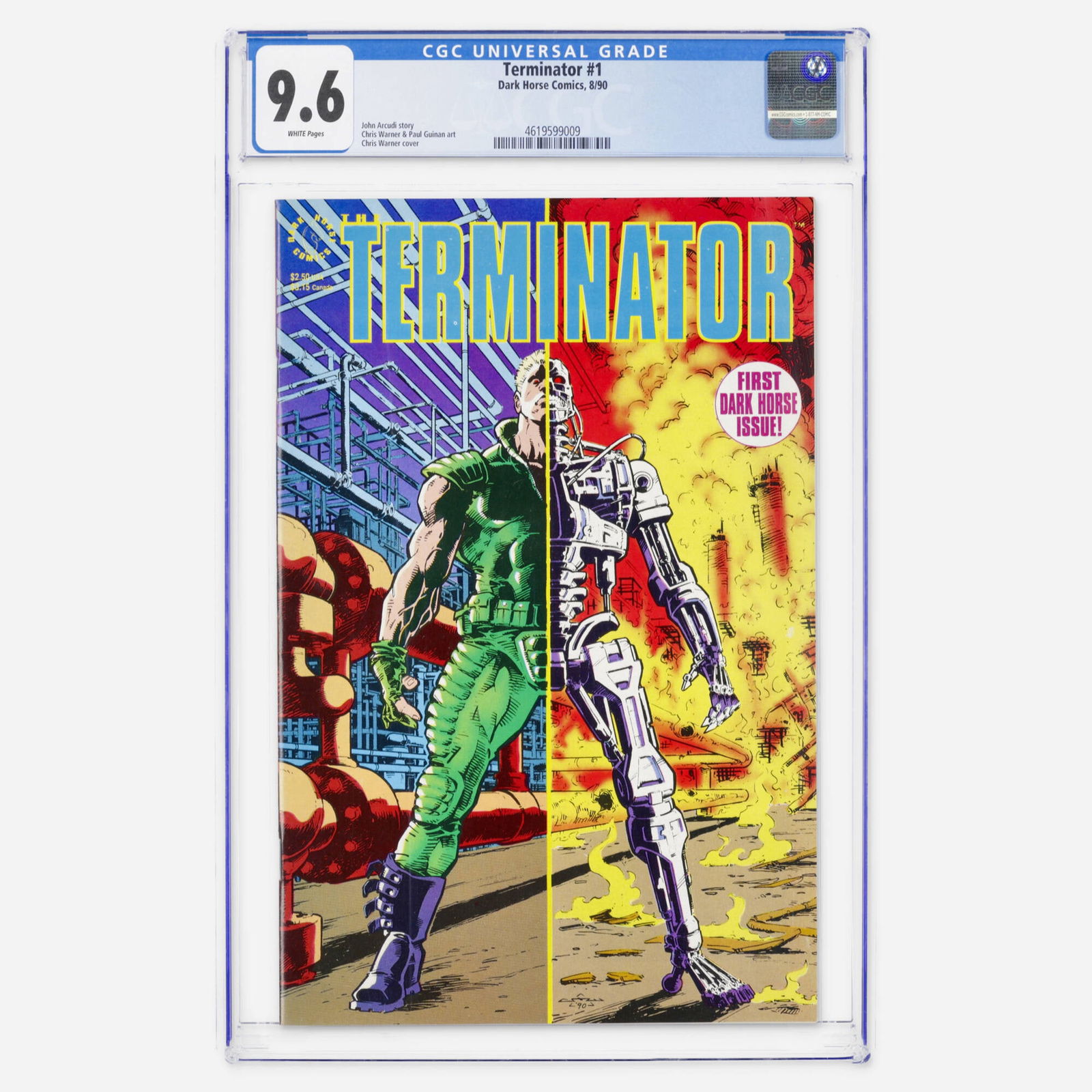 Dark Horse Comics Terminator #1 CGC 9.6: Dark Horse Comics Terminator #1 CGC 9.6 USA, 1990 This Modern Age debut for the franchise at Dark Horse features a story by John Arcudi. The cover and art are handled by Chris Warner. CGC#: 4619599