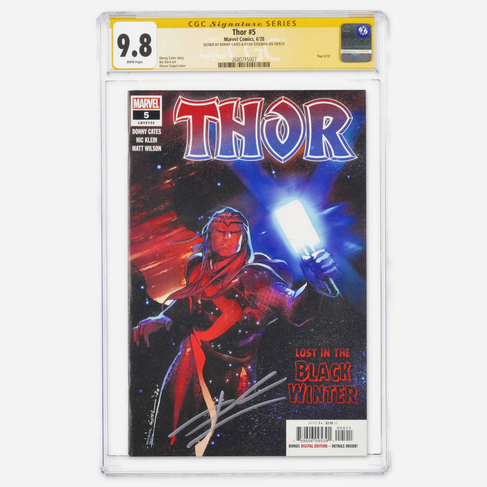 Marvel Comics Thor #5 CGC 9.8 Signature Series Donny Cates Ryan Stegman: Marvel Comics Thor #5 CGC 9.8 Signature Series Donny Cates Ryan Stegman USA, 2020 Legacy numbered as Thor #731, this Modern Age issue is signed by Donny Cates and Ryan Stegman. This copy represents a