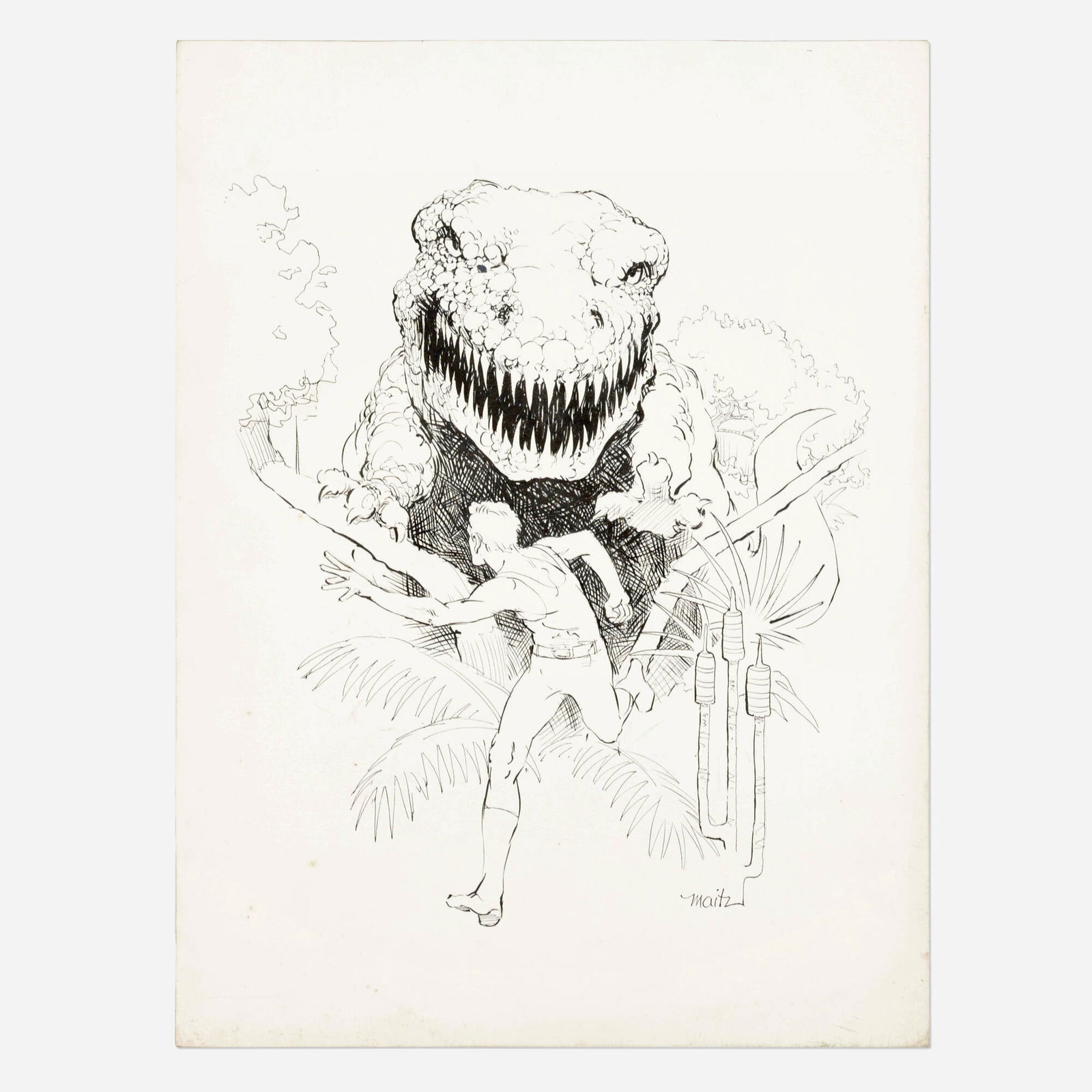 Don Maitz, Tyrannosaurus Rex Illustration Original Art: Don Maitz Tyrannosaurus Rex Illustration Original Art pencil and ink on illustration board 13.25 h x 10 w in (34 x 25 cm) Condition Notes: Some wear along edges and corners. Some discoloration and