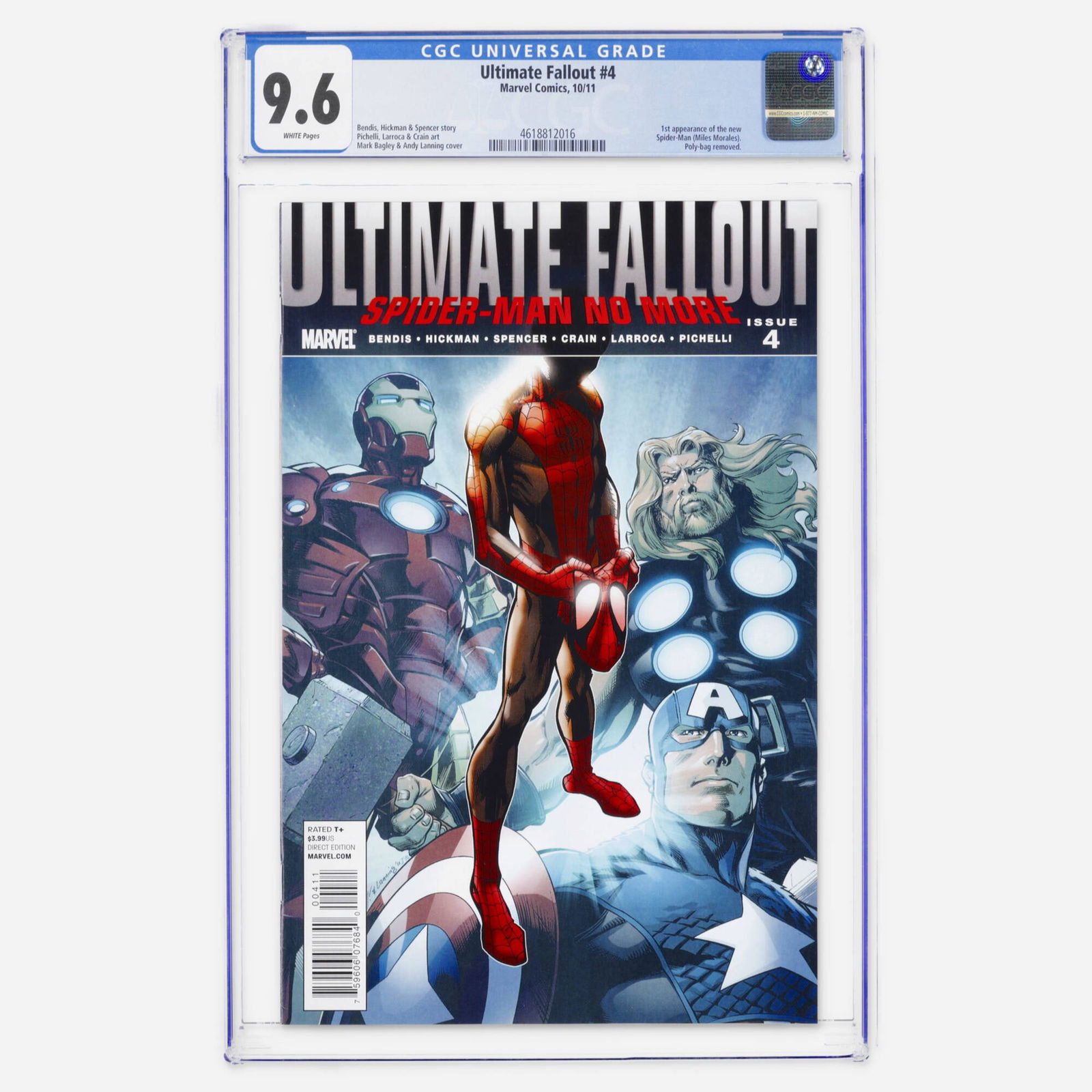 Marvel Comics Ultimate Fallout #4 CGC 9.6: Marvel Comics Ultimate Fallout #4 CGC 9.6 USA, 2011 A major Modern Age key featuring the first appearance of the new Spider-Man (Miles Morales). The story is a collaboration between Bendis,