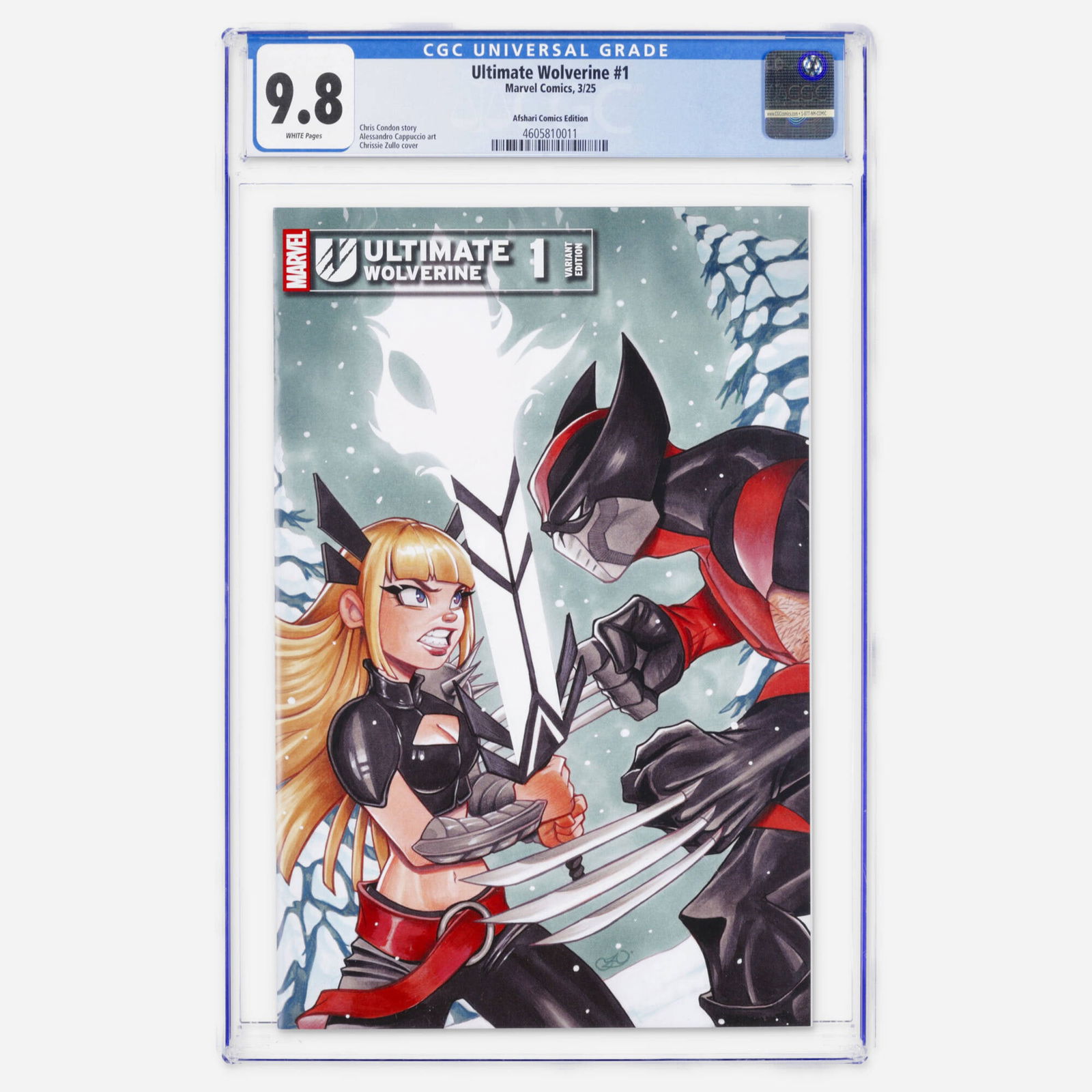 Marvel Comics Ultimate Wolverine #1 CGC 9.8 Afshari Comics Edition: Marvel Comics Ultimate Wolverine #1 CGC 9.8 Afshari Comics Edition USA, 2025 A Modern Age debut for the new Ultimate Logan, written by Chris Condon. This variant features cover art by Chrissie Zullo.