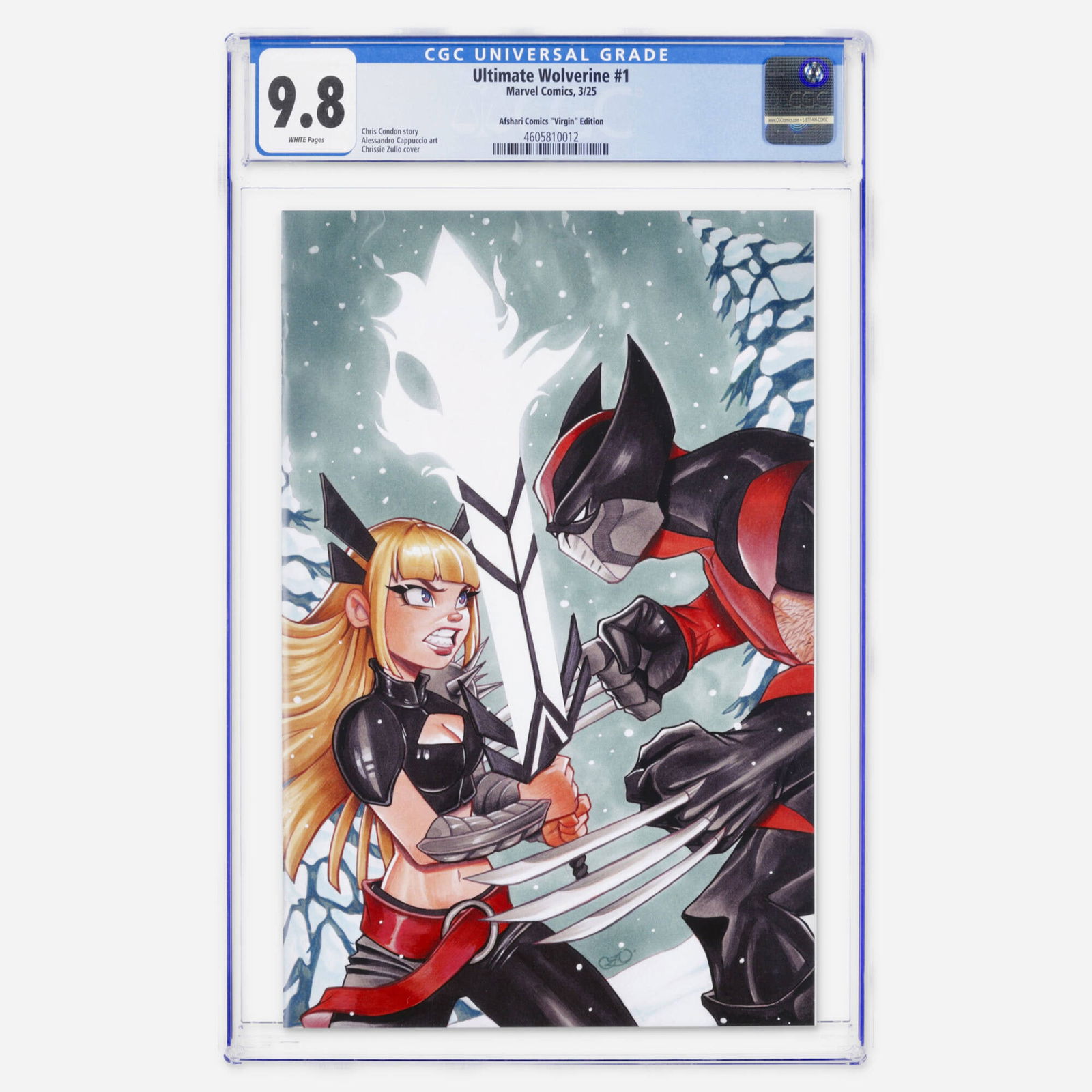 Marvel Comics Ultimate Wolverine #1 CGC 9.8 Afshari Comics Virgin Edition: Marvel Comics Ultimate Wolverine #1 CGC 9.8 Afshari Comics Virgin Edition USA, 2025 This Modern Age virgin variant highlights the artwork of Chrissie Zullo. Interior art for this series launch is hand
