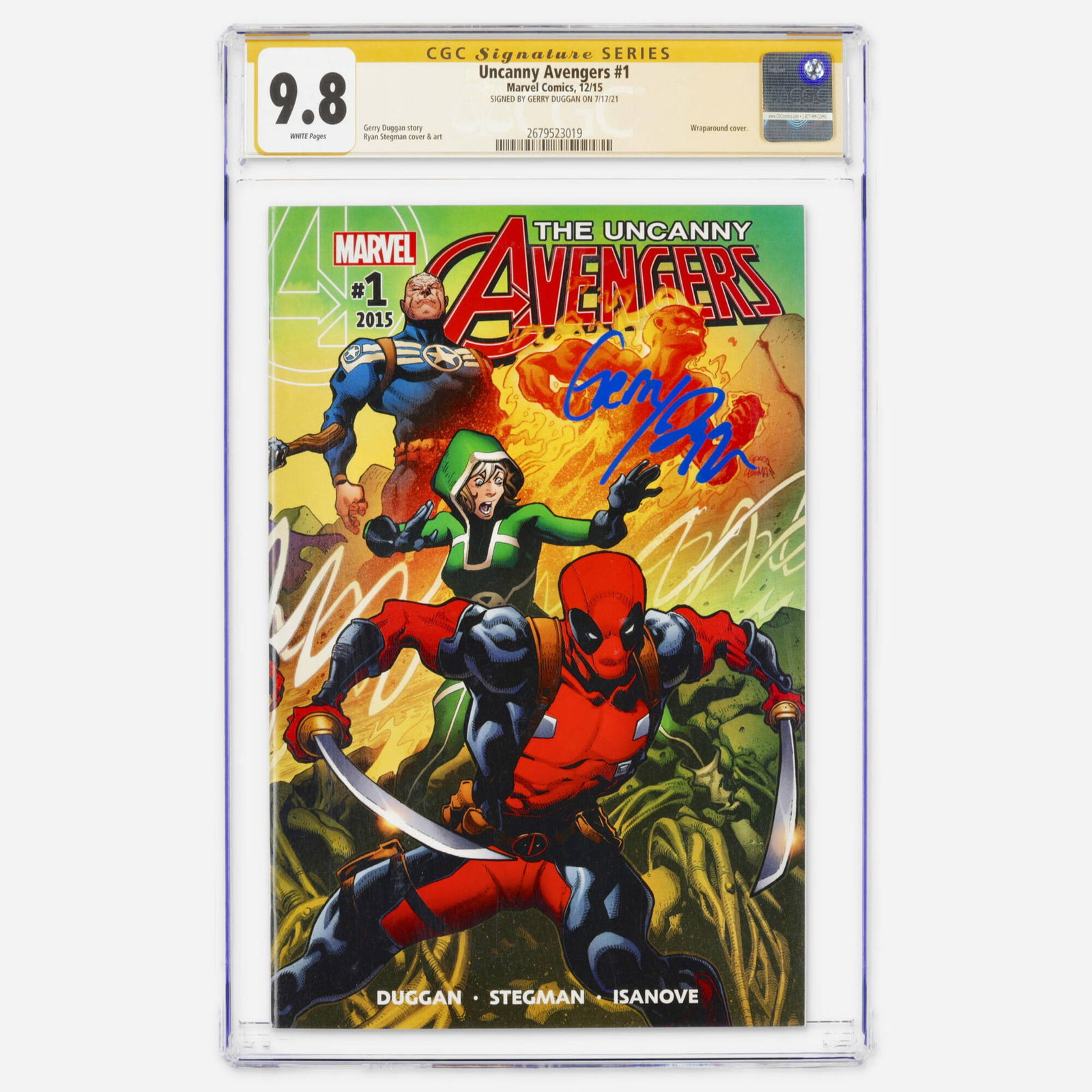 Marvel Comics Uncanny Avengers #1 CGC 9.8 Signature Series Gerry Duggan: Marvel Comics Uncanny Avengers #1 CGC 9.8 Signature Series Gerry Duggan USA, 2015 Signed by Gerry Duggan, this Modern Age issue features a wraparound cover and interior art by Ryan Stegman. This copy