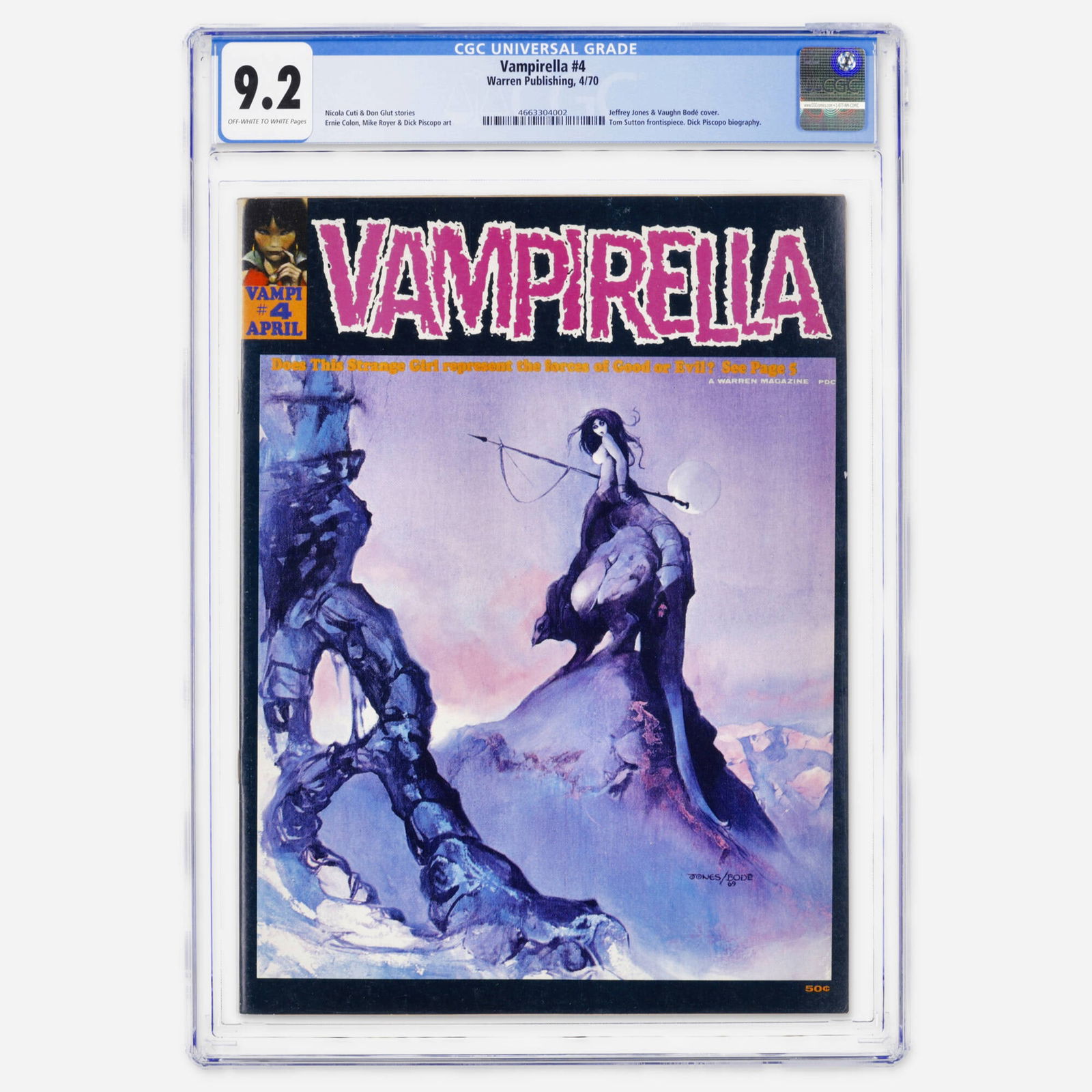 Warren Publishing Vampirella #4 CGC 9.2: Warren Publishing Vampirella #4 CGC 9.2 USA, 1970 This Bronze Age magazine features a cover by Jeffrey Jones and Vaughn Bode. It contains stories by Nicola Cuti and Don Glut and art by Ernie