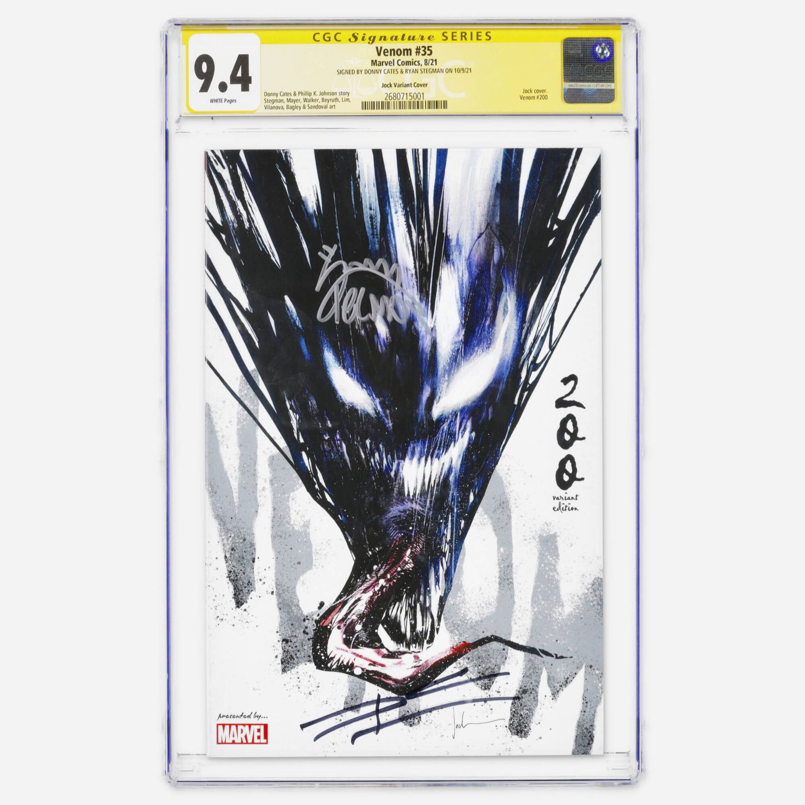 Marvel Comics Venom #35 CGC 9.4 Jock Variant Signature Series Donny Cates Ryan Stegman: Marvel Comics Venom #35 CGC 9.4 Jock Variant Signature Series Donny Cates Ryan Stegman USA, 2021 Signed by Donny Cates and Ryan Stegman, this Modern Age milestone serves as Venom #200. It features a v