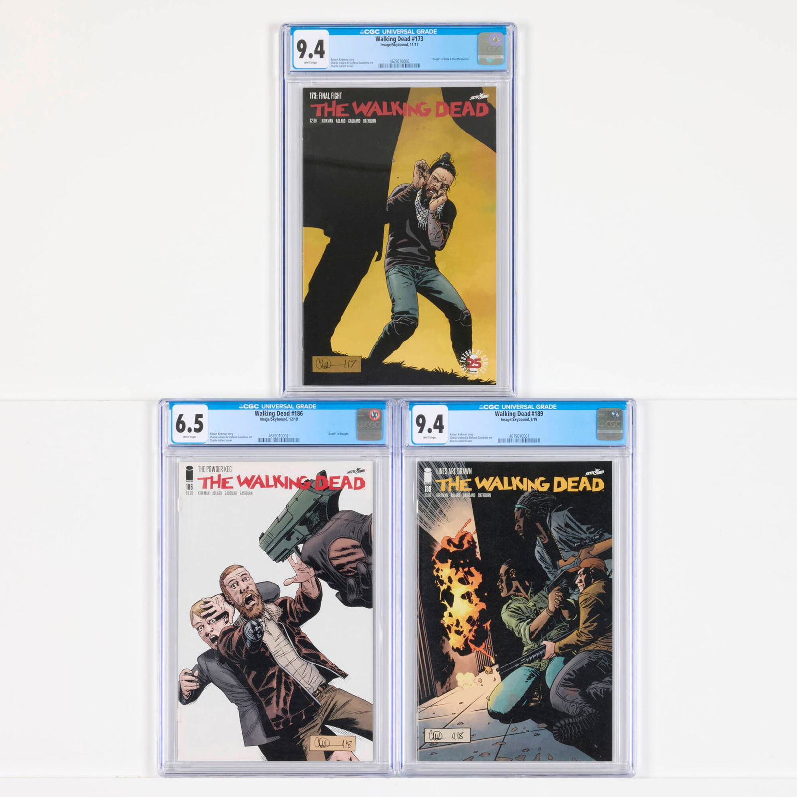 3 Image/Skybound Walking Dead #173-#189 CGC Group: 3 Image/Skybound Walking Dead #173-#189 CGC Group USA, 21st Century Image/Skybound Walking Dead #173 CGC 9.4 (11/17) CGC#: 4679010006Population: 1 in 9.4, 82 higher Grader Notes: crease left top