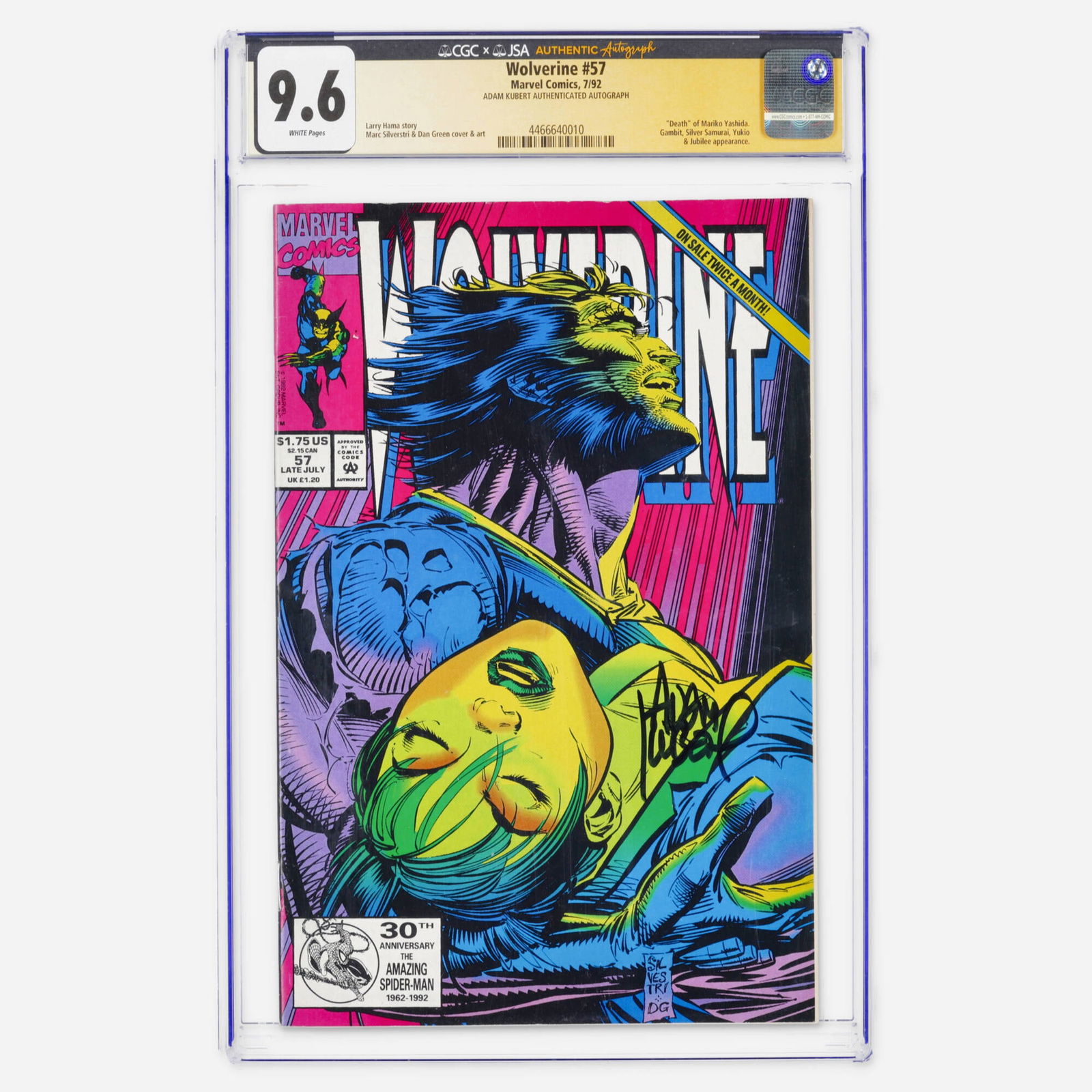 Marvel Comics Wolverine #57 CGC 9.6 JSA Adam Kubert: Marvel Comics Wolverine #57 CGC 9.6 JSA Adam Kubert USA, 1992 Authenticated by JSA for Adam Kubert's signature, this Modern Age key features the Death of Mariko Yashida. It boasts iconic art by