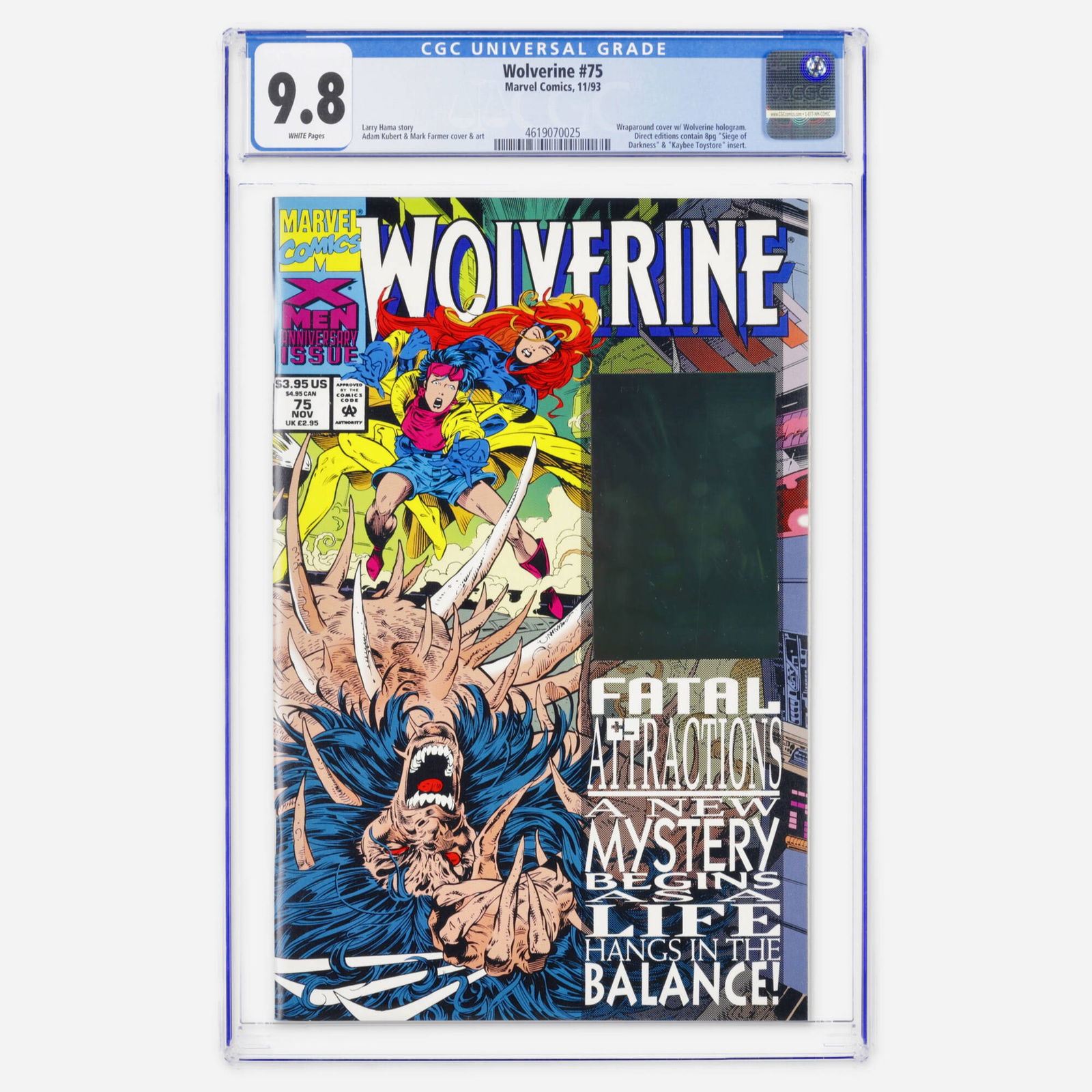 Marvel Comics Wolverine #75 CGC 9.8: Marvel Comics Wolverine #75 CGC 9.8 USA, 1993 A high-grade Modern Age classic with a wraparound hologram cover. This issue features the aftermath of Fatal Attractions, with art by Adam Kubert. 