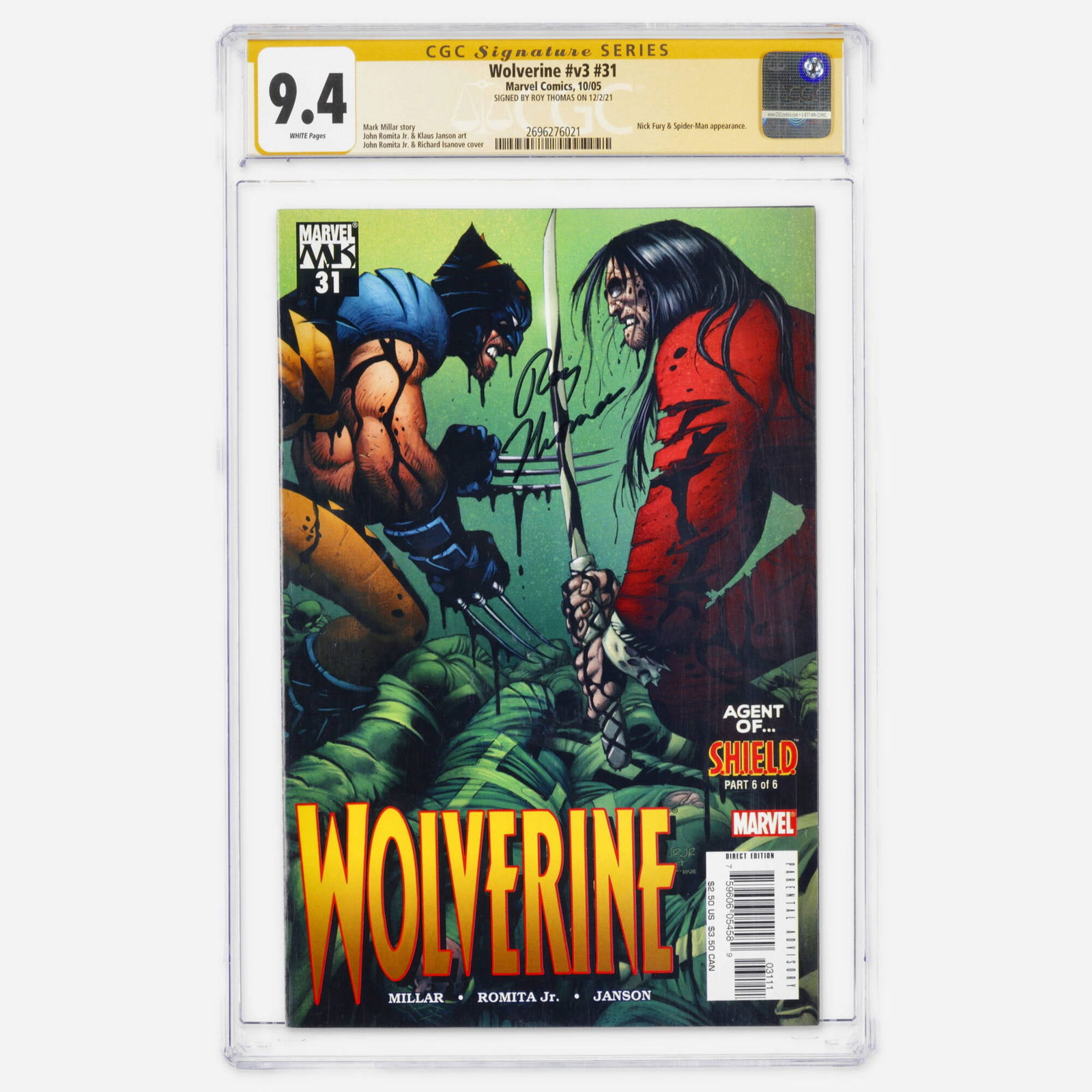 Marvel Comics Wolverine v3 #31 CGC 9.4 Signature Series Roy Thomas: Marvel Comics Wolverine v3 #31 CGC 9.4 Signature Series Roy Thomas USA, 2005 Part of the House of M storyline, this Modern Age issue is signed by Roy Thomas. It features art by John Romita Jr. and