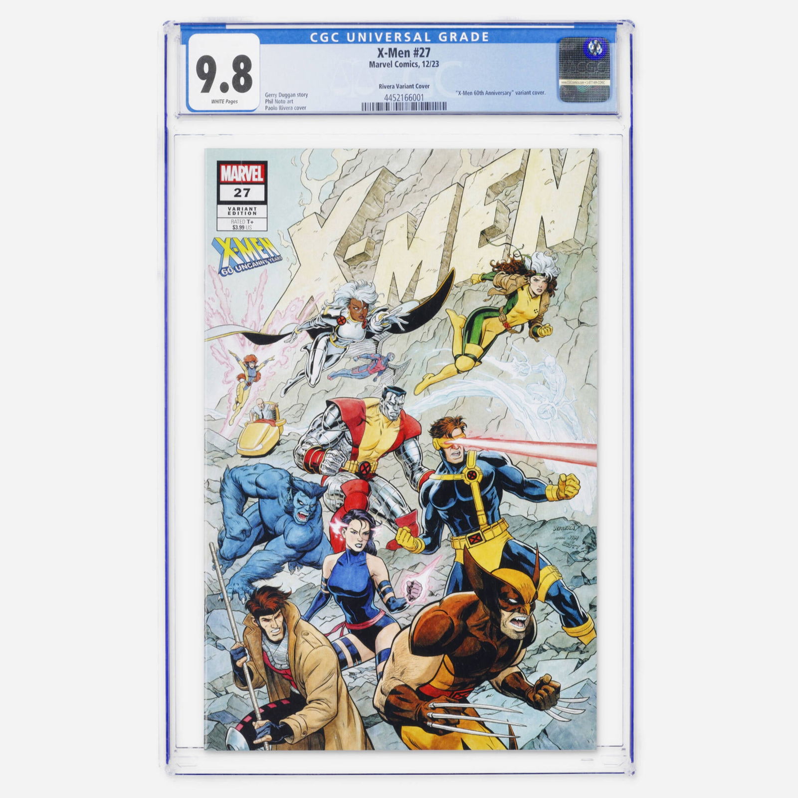 Marvel Comics X-Men #27 CGC 9.8 Rivera Variant Cover: Marvel Comics X-Men #27 CGC 9.8 Rivera Variant Cover USA, 2023 A Modern Age X-Men 60th Anniversary variant cover by Paolo Rivera. The issue is written by Gerry Duggan with art by Phil Noto. This