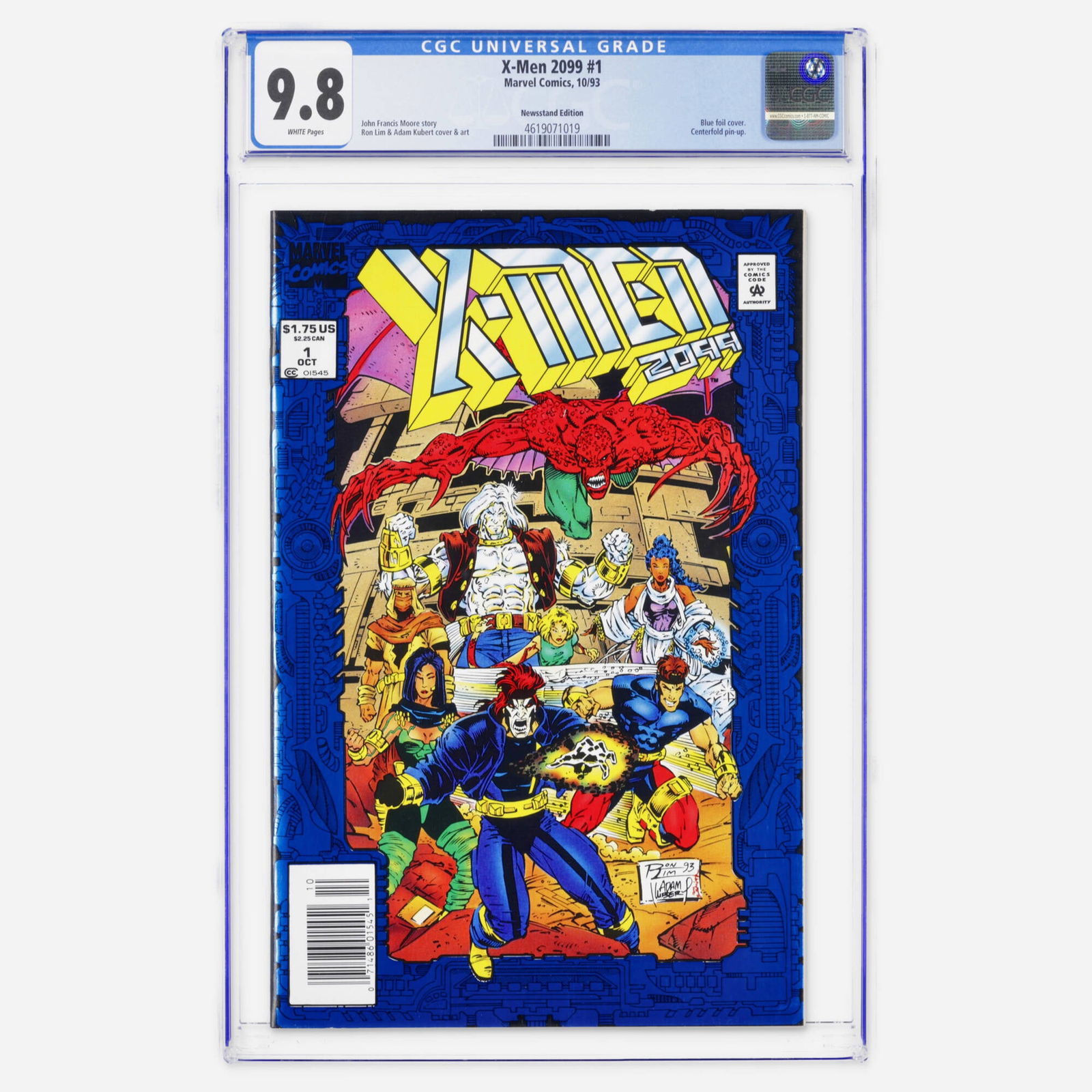 Marvel Comics X-Men 2099 #1 CGC 9.8 Newsstand: Marvel Comics X-Men 2099 #1 CGC 9.8 Newsstand USA, 1993 This Modern Age newsstand edition features a distinct blue foil cover. Written by John Francis Moore, it features art by Ron Lim and Adam Kubert