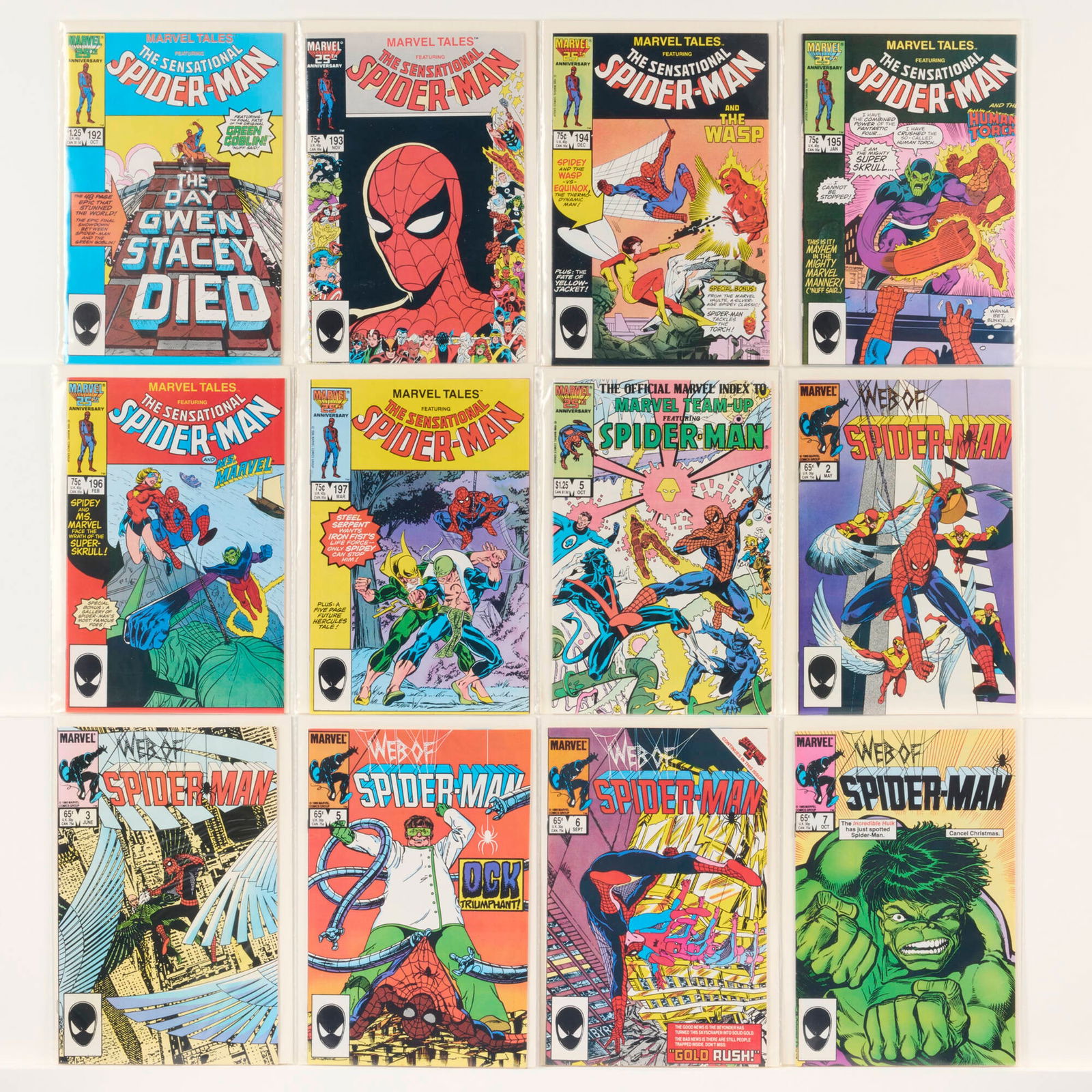 21 Marvel Comics Spider-Man Related Group: 21 Marvel Comics Spider-Man Related Group USA, 20th Century Group includes:Marvel Comics Marvel Tales #192-#197 (Grades range 6.5-8.5); Official Marvel Index to Marvel Team-Up #5 (8.0-8.5); Web of