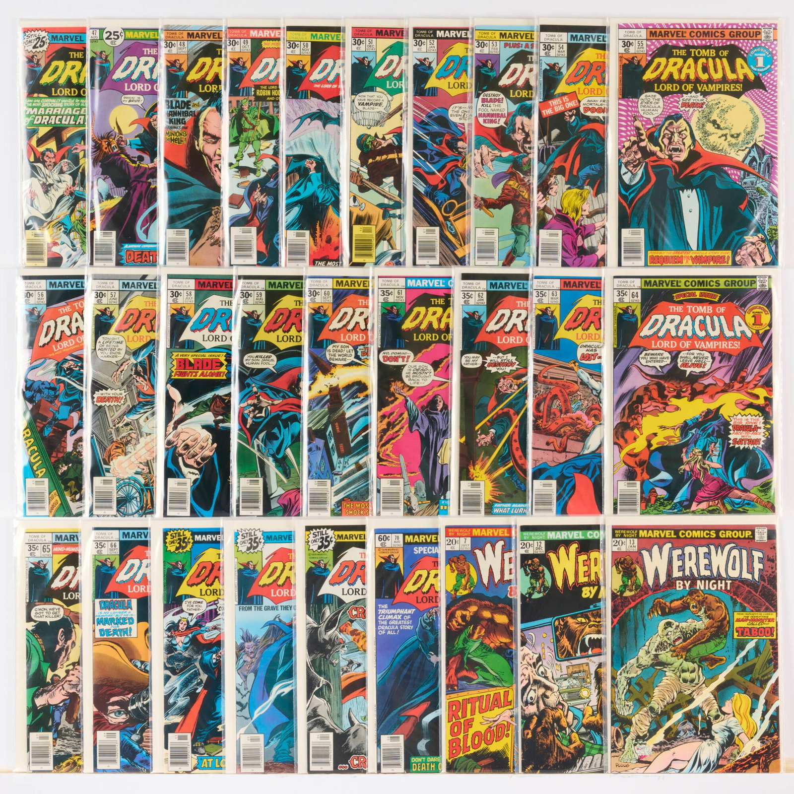 28 Marvel Comics Tomb of Dracula and Werewolf By Night Group: 28 Marvel Comics Tomb of Dracula and Werewolf By Night Group USA, 20th Century Group includes:Marvel Comics Tomb of Dracula #46-#57 (Grades range 7.0-8.5), #58-#61 (Grades range 6.0-8.0), #62-#70 (