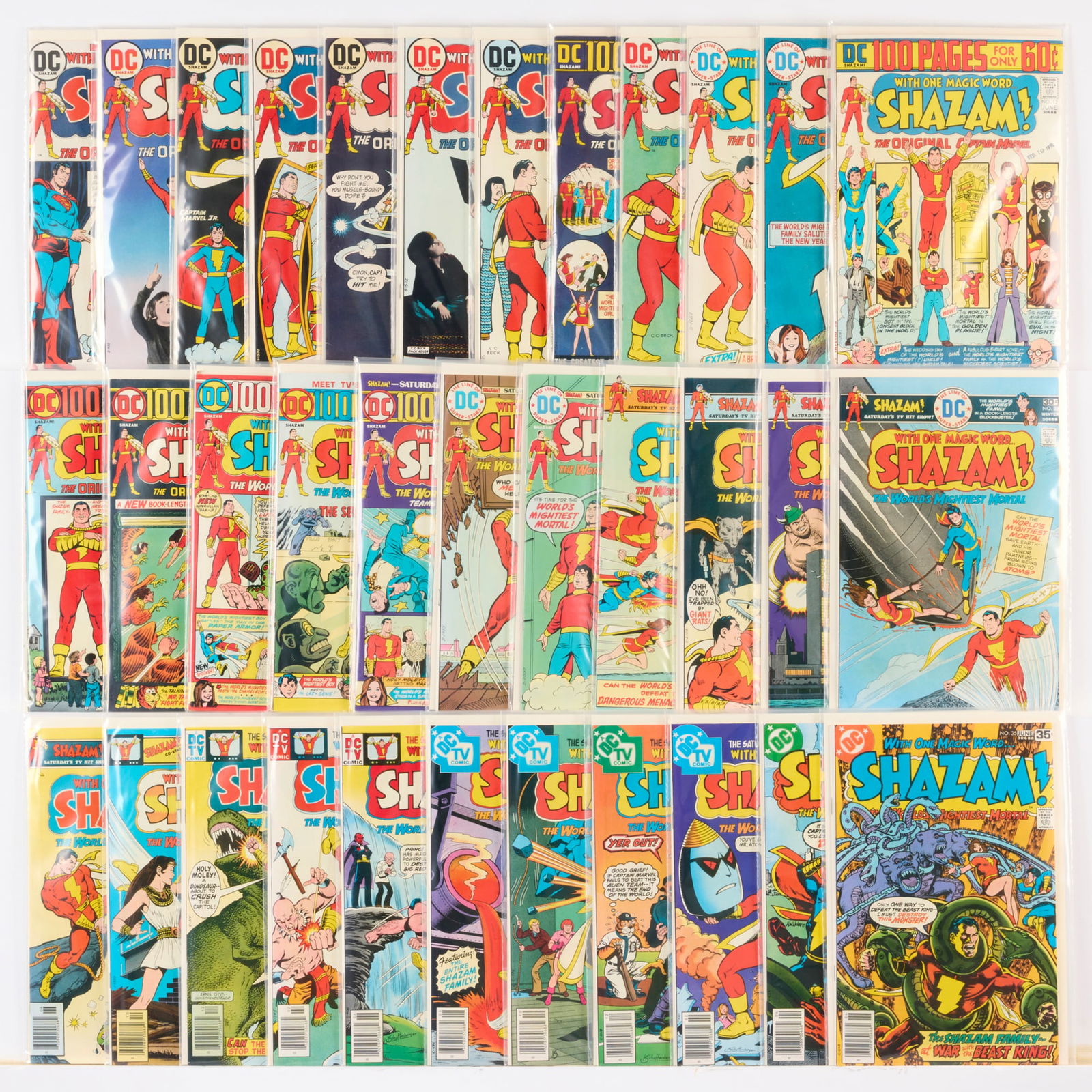34 DC Comics Shazam #1-#35 Group: 34 DC Comics Shazam #1-#35 Group USA, 20th Century Group includes:DC Comics Shazam #1-#27, #29-#35 (Grades range 6.5-9.0). This work will ship from Millville, Massachusetts.