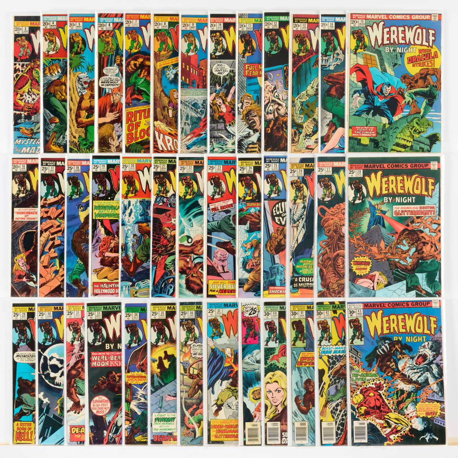 39 Marvel Comics Werewolf By Night #3-#43 Group: 39 Marvel Comics Werewolf By Night #3-#43 Group USA, 20th Century Group includes:Marvel Comics Werewolf By Night #3-#31, #33-#37, #39-#43 (Grades range 4.5-7.0). This work will ship from
