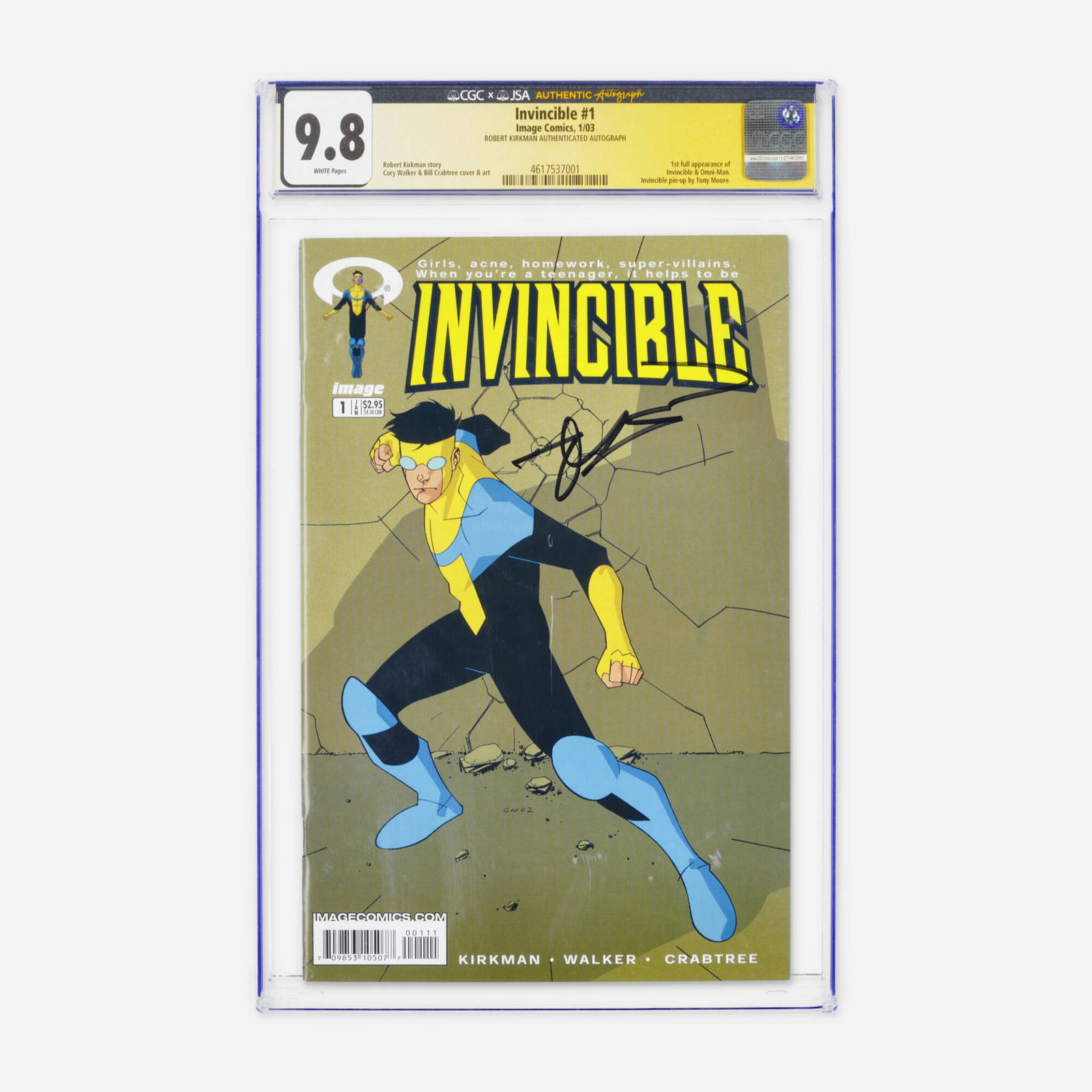 Image Comics Invincible #1 CGC 9.8 JSA Robert Kirkman: Image Comics Invincible #1 CGC 9.8 JSA Robert Kirkman USA, 2003 A defining Modern Age milestone featuring the first full appearance of Invincible and Omni-Man, the father-and-son duo who launched