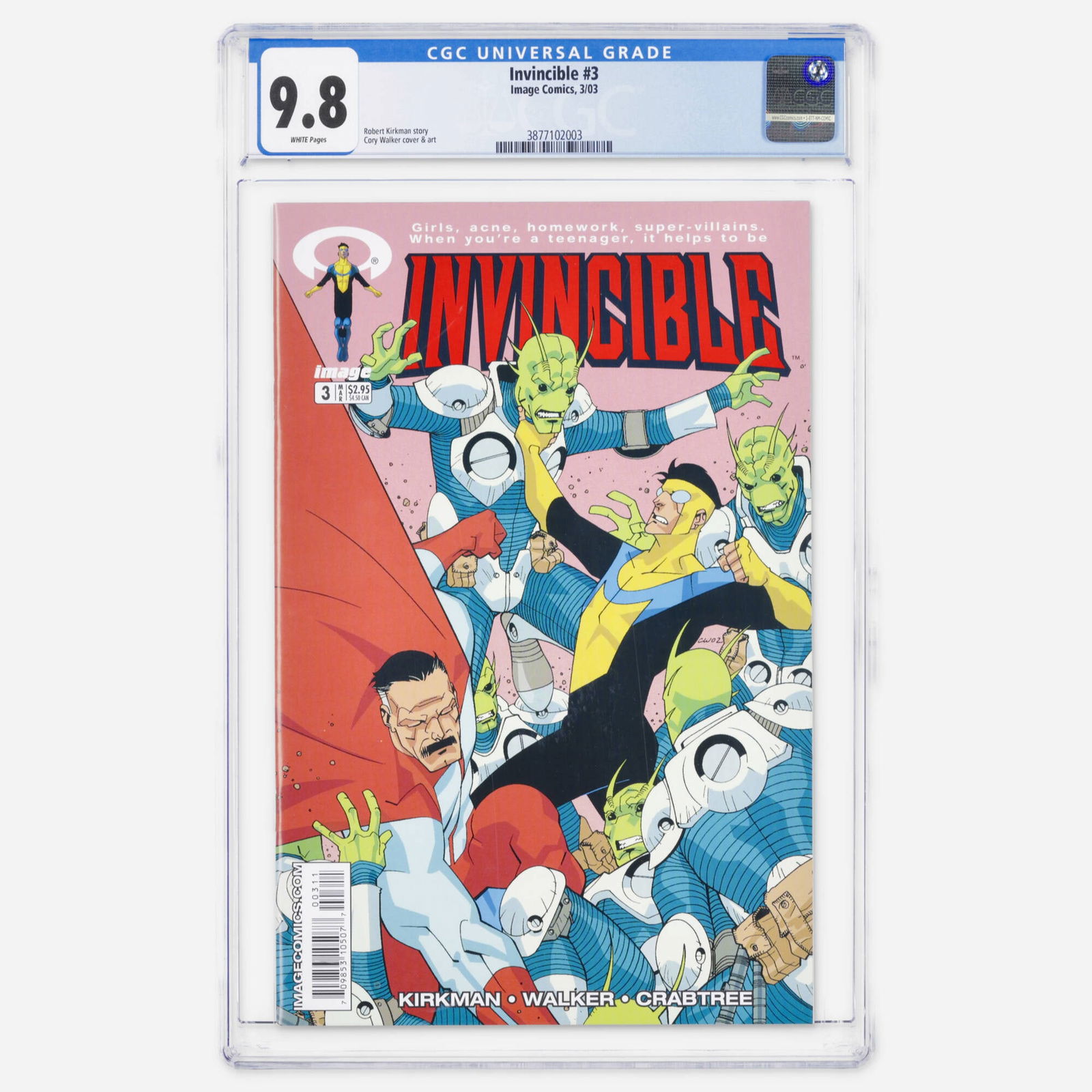 Image Comics Invincible #3 CGC 9.8: Image Comics Invincible #3 CGC 9.8 USA, 2003 Scripted by Robert Kirkman, this Issue #3 of Invincible features interior art and cover by Cory Walker. Walker's dynamic cover captures one of the
