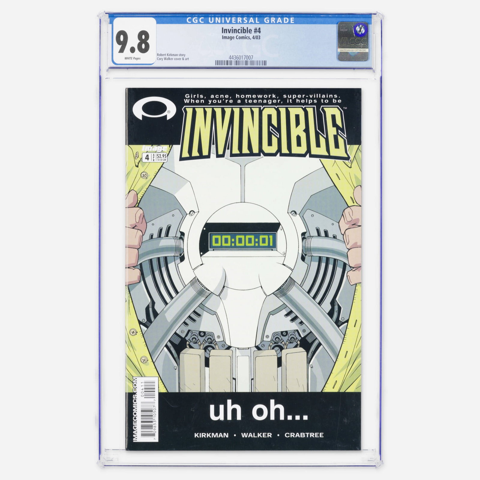 Image Comics Invincible #4 CGC 9.8: Image Comics Invincible #4 CGC 9.8 USA, 2003 Scripted by Robert Kirkman with art and cover by Cory Walker, this issue #4 of Invincible features Walker's striking cover depicting the ticking timer