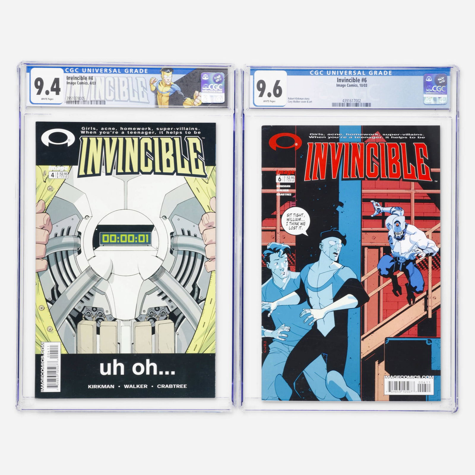 2 Image Comics Invincible #4 and #6 CGC Group: 2 Image Comics Invincible #4 and #6 CGC Group USA, 2003 Image Comics Invincible #4 CGC 9.4 (4/03) CGC#: 3951378005Population: 29 in 9.4, 210 higher view cgc certificationPage Quality:
