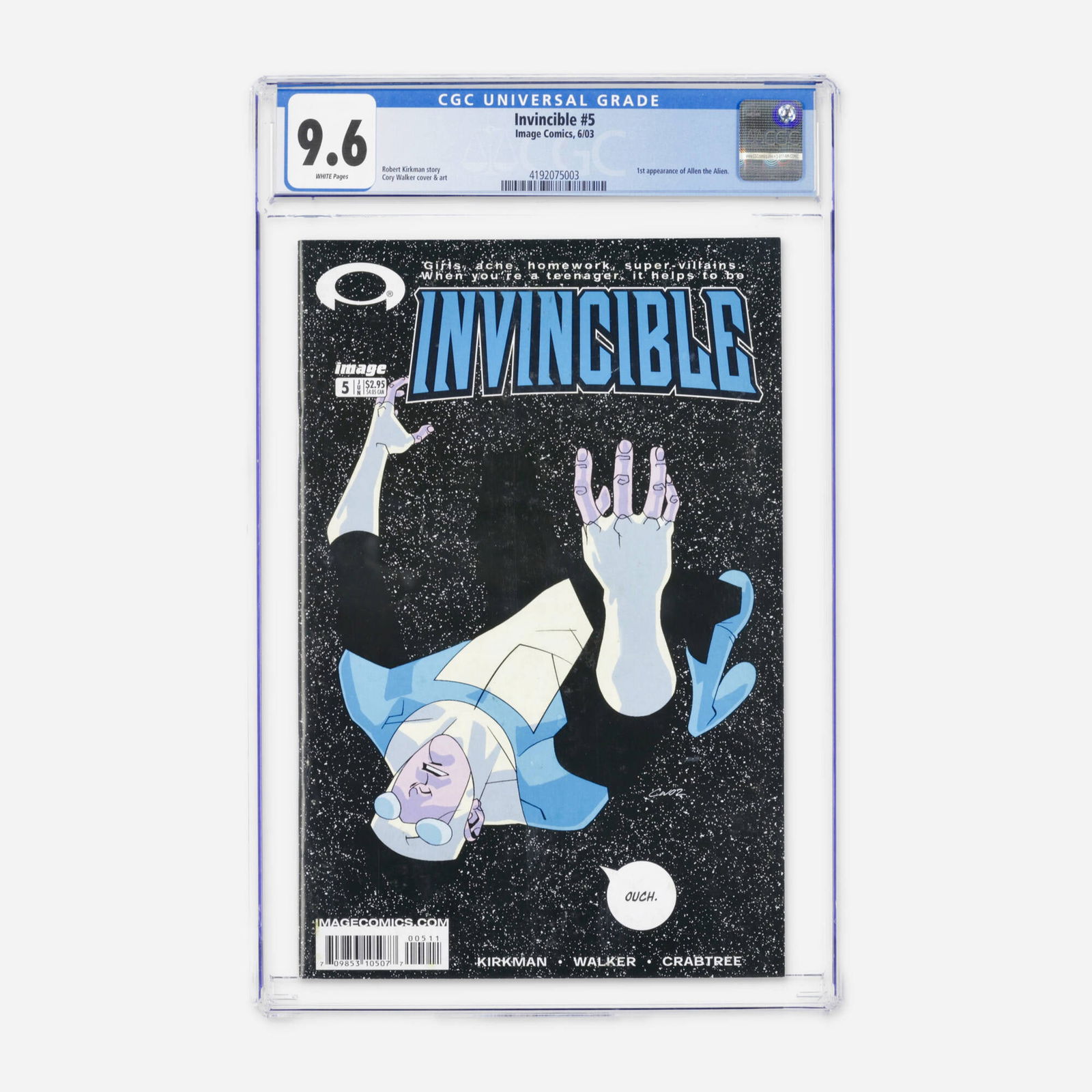 Image Comics Invincible #5 CGC 9.6: Image Comics Invincible #5 CGC 9.6 USA, 2003 Issue #5 of Invincible features the first appearance of Allen the Alien, one of the most memorable supporting characters in the series' expanding