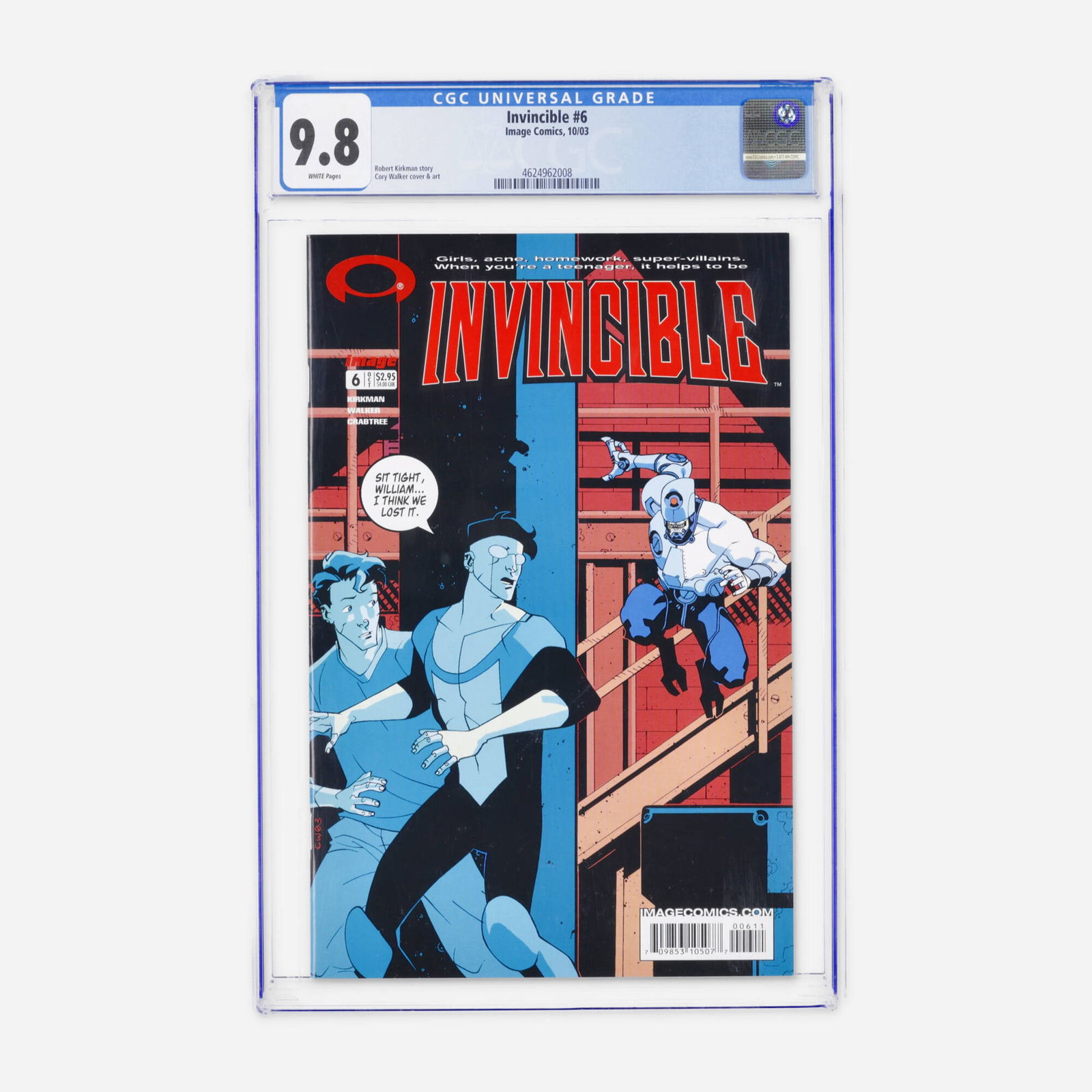 Image Comics Invincible #6 CGC 9.8: Image Comics Invincible #6 CGC 9.8 USA, 2003 Issue #6 of Invincible features a striking cover by Cory Walker depicting Invincible protecting his best friend Rick Sheridan from a cyborgized zombie