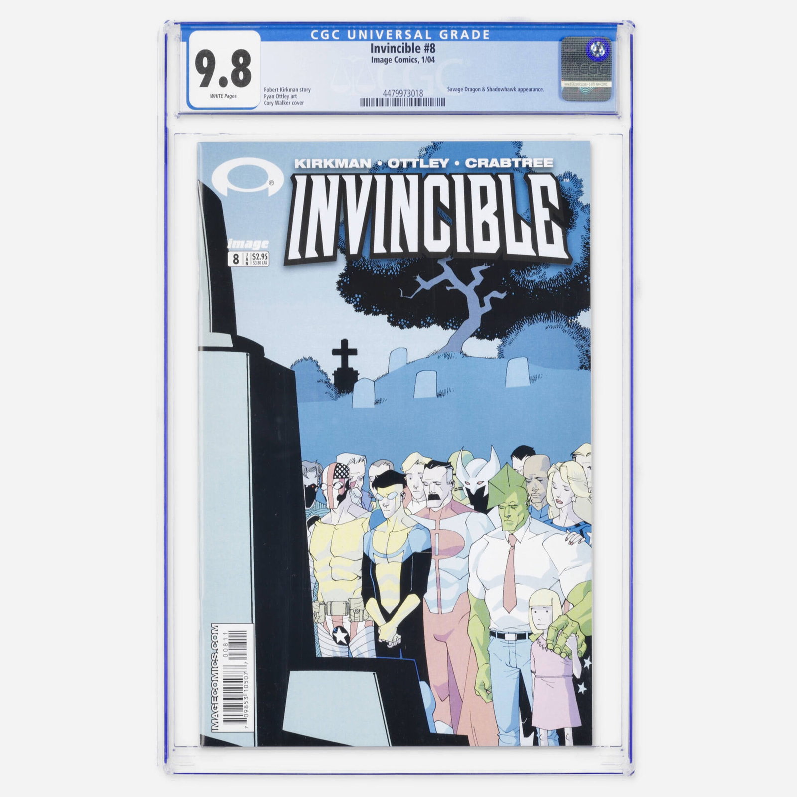 Image Comics Invincible #8 CGC 9.8: Image Comics Invincible #8 CGC 9.8 USA, 2004 Issue #8 of Invincible features an iconic cover depicting the funeral of the Guardians of the Globe, with Savage Dragon and ShadowHawk among those in