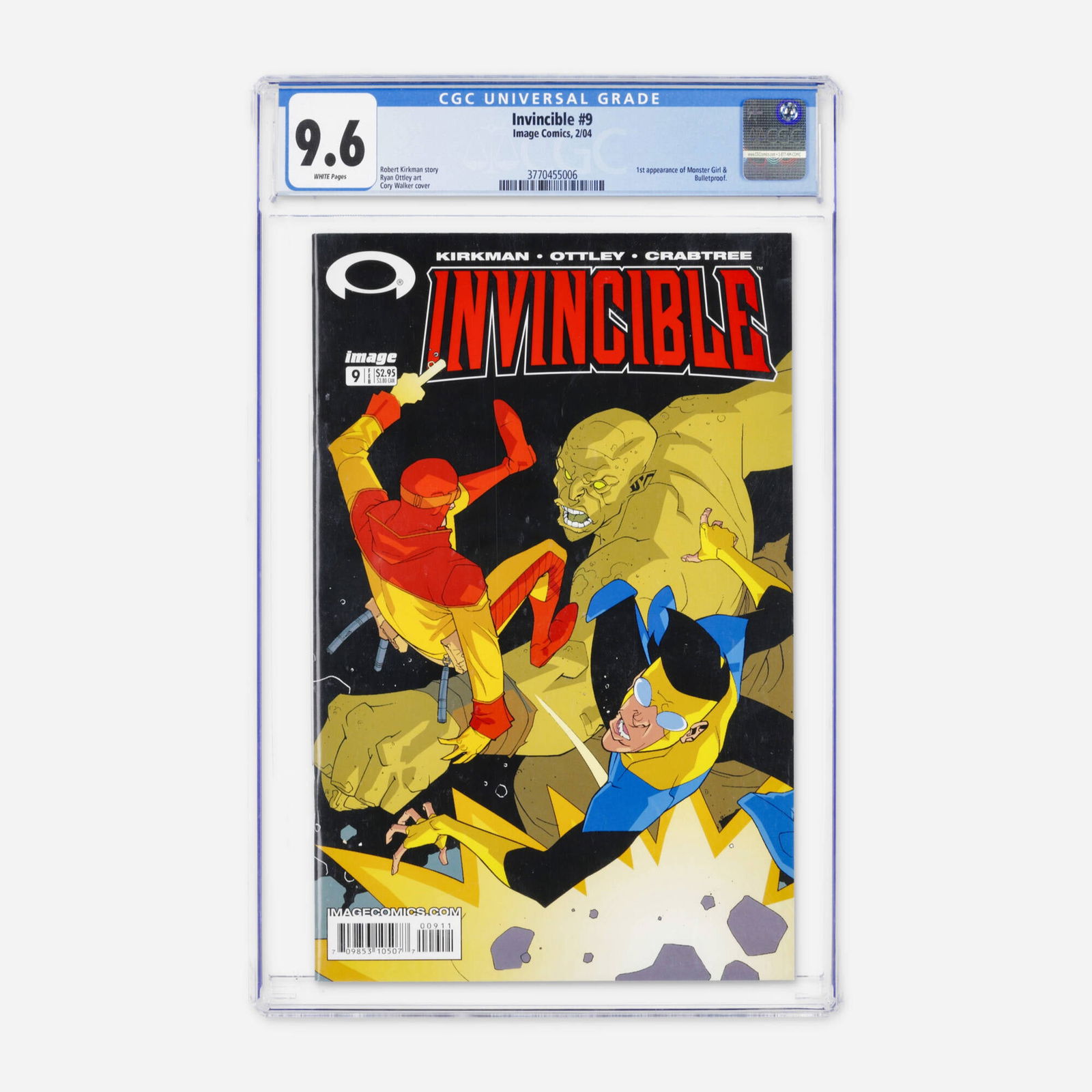 Image Comics Invincible #9 CGC 9.6: Image Comics Invincible #9 CGC 9.6 USA, 2004 A standout issue of Invincible with story by Robert Kirkman featuring the first appearances of Monster Girl and Bulletproof, two fan-favorite characters wh