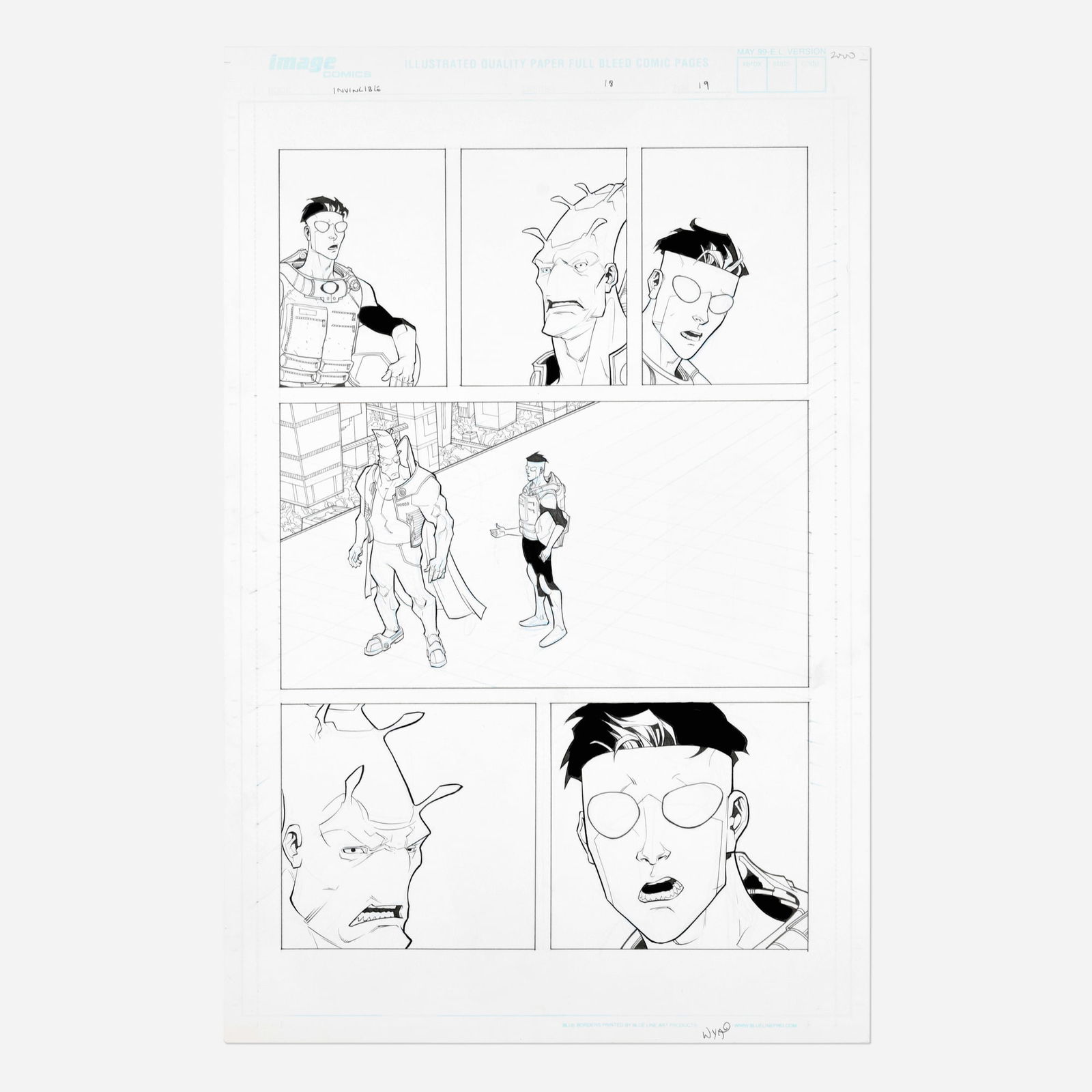 Ryan Ottley, Invincible #18 Story Page 19 Original Art (Image Comics, 2004): Ryan Ottley Invincible #18 Story Page 19 Original Art (Image Comics, 2004) USA, 2004 blueline pencil and ink 17 h x 11 w in (43 x 28 cm) A notable page entirely rendered by Ryan Ottley in original