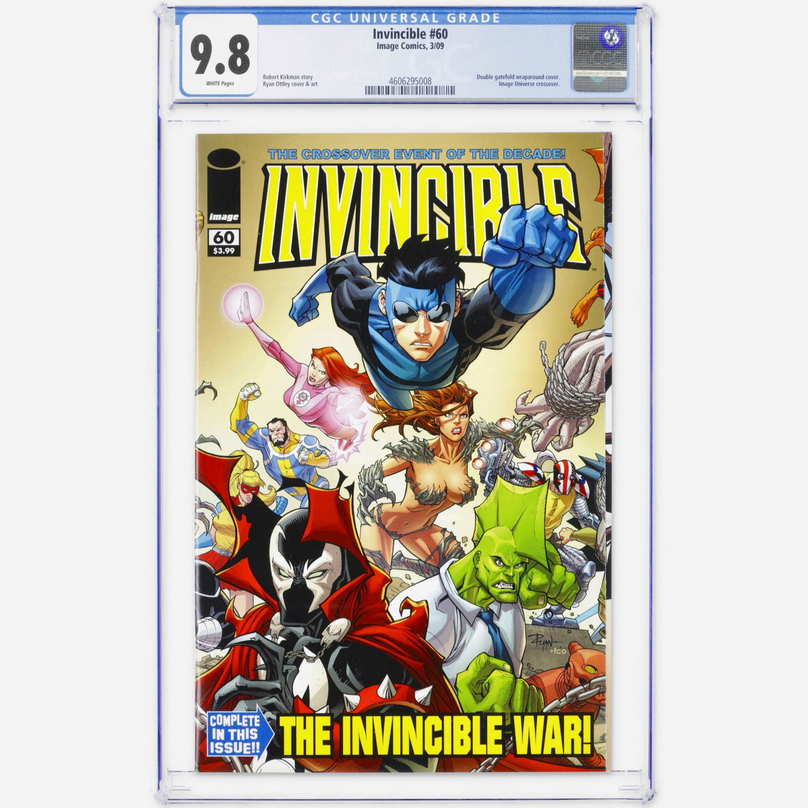 Image Comics Invincible #60 CGC 9.8: Image Comics Invincible #60 CGC 9.8 USA, 2009 Invincible #60 features a massive Image Universe crossover highlighted by a double gatefold wraparound cover. The story is written by Robert Kirkman, with