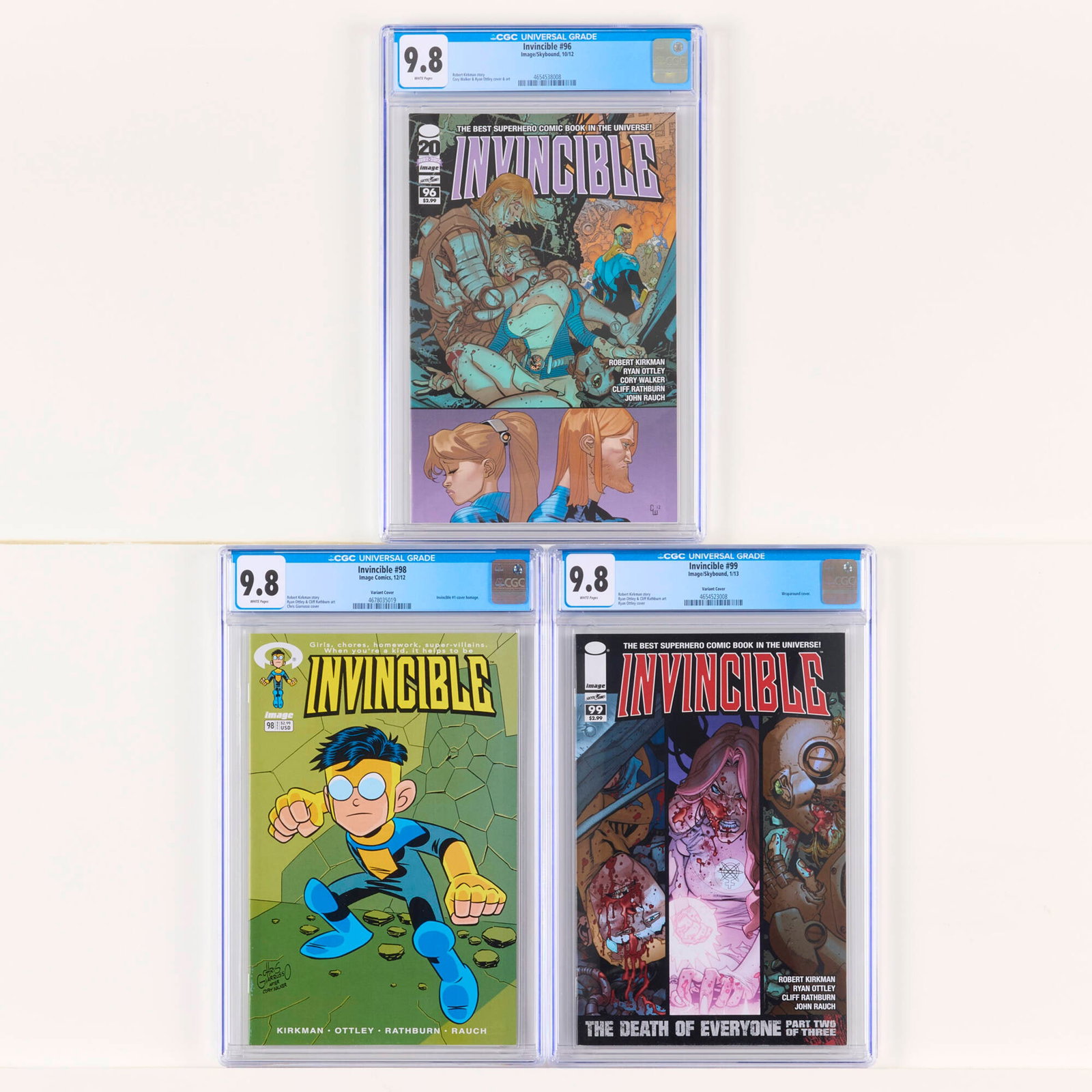 3 Image/Skybound and Image Comics Invincible #96, #98 and #99 CGC 9.8 Group: 3 Image/Skybound and Image Comics Invincible #96, #98 and #99 CGC 9.8 Group USA, 2012-2013 Image/Skybound Invincible #96 CGC 9.8 (10/12) CGC#: 4654538008Population: 39