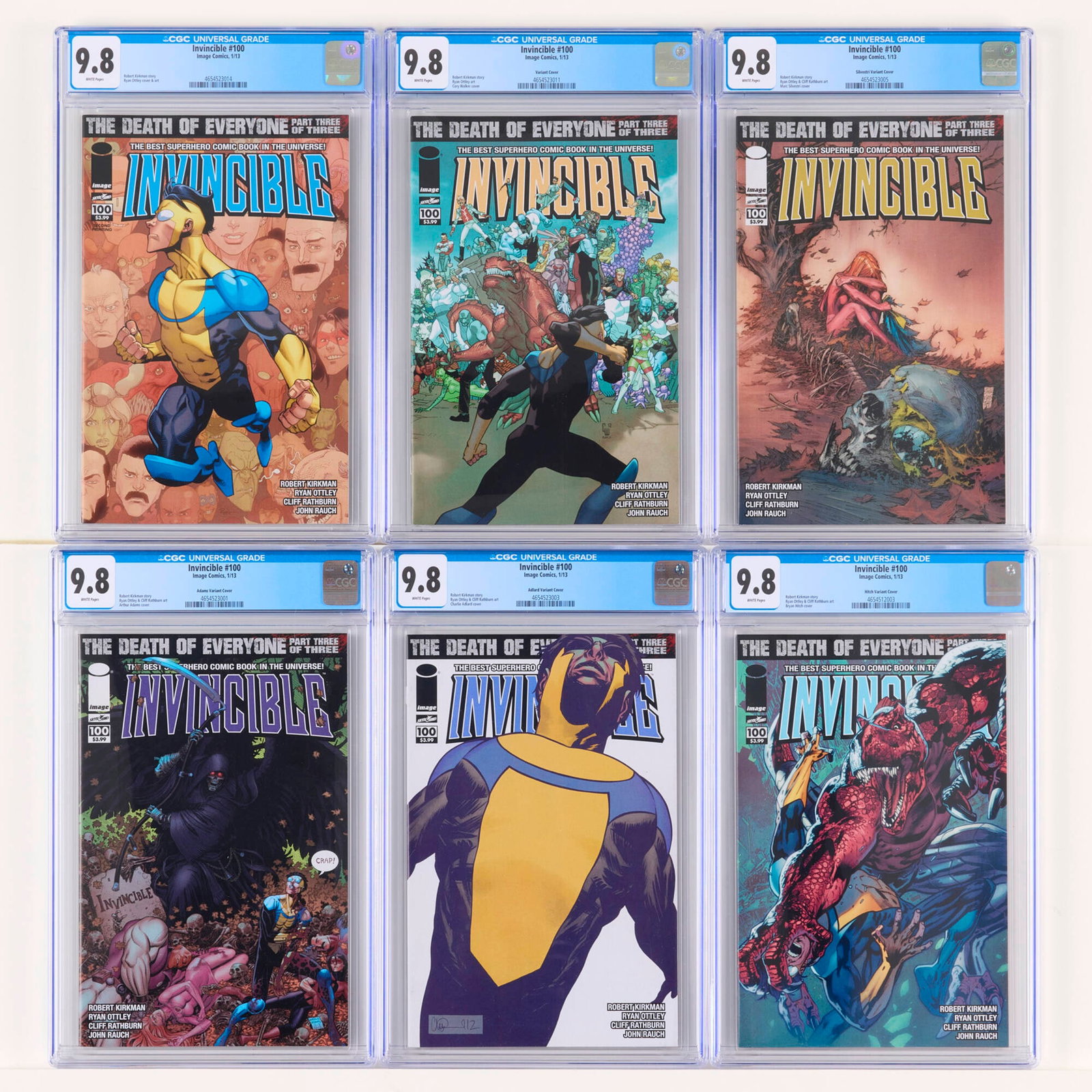 6 Image Comics Invincible #100 CGC 9.8 Variant Cover Group: 6 Image Comics Invincible #100 CGC 9.8 Variant Cover Group USA, 2013 Image Comics Invincible #100 CGC 9.8 (1/13) CGC#: 4654523014Population: 71 in 9.8, 0 higher