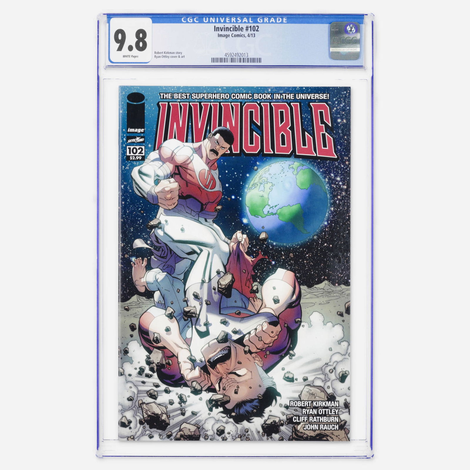 Image Comics Invincible #102 CGC 9.8: Image Comics Invincible #102 CGC 9.8 USA, 2013 Invincible #102, written by Robert Kirkman, with visual storytelling by Ryan Ottley, who provided both the interior illustrations and the cover. A scarce